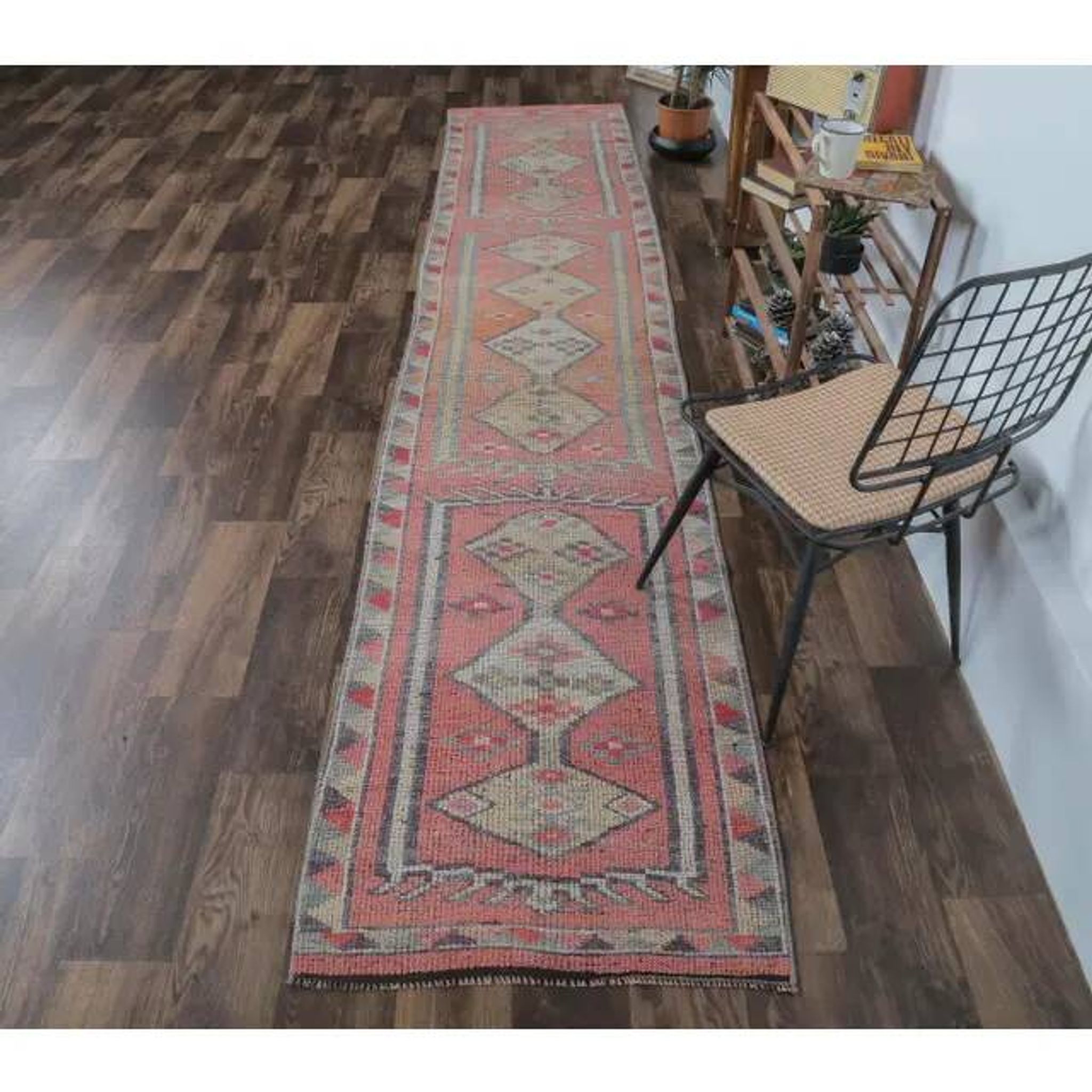 Vintage natural pink Turkish hand-knotted Herki runner 78x390