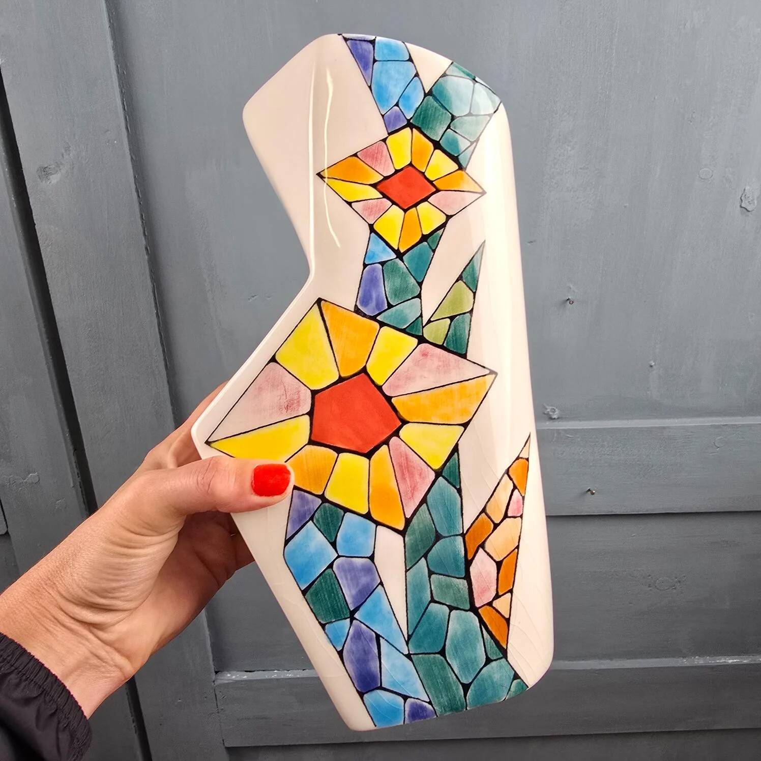 Ceramar vase, artistic ceramic, colourful mosaic pattern.