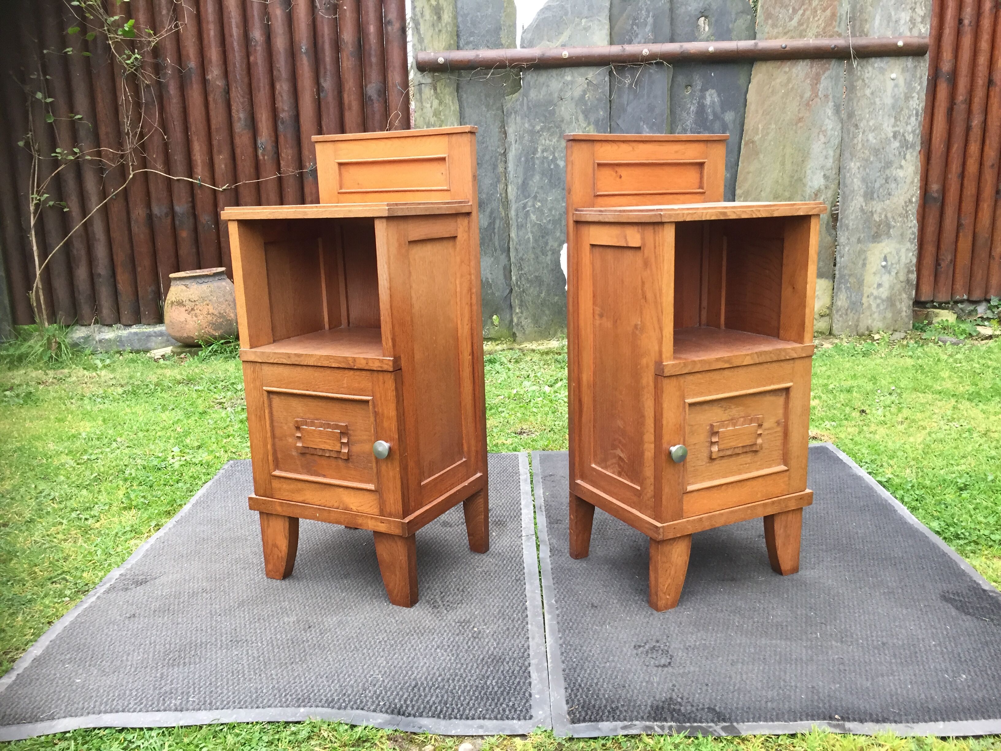 Vintage bedside tables with solid oak compass legs (pair)