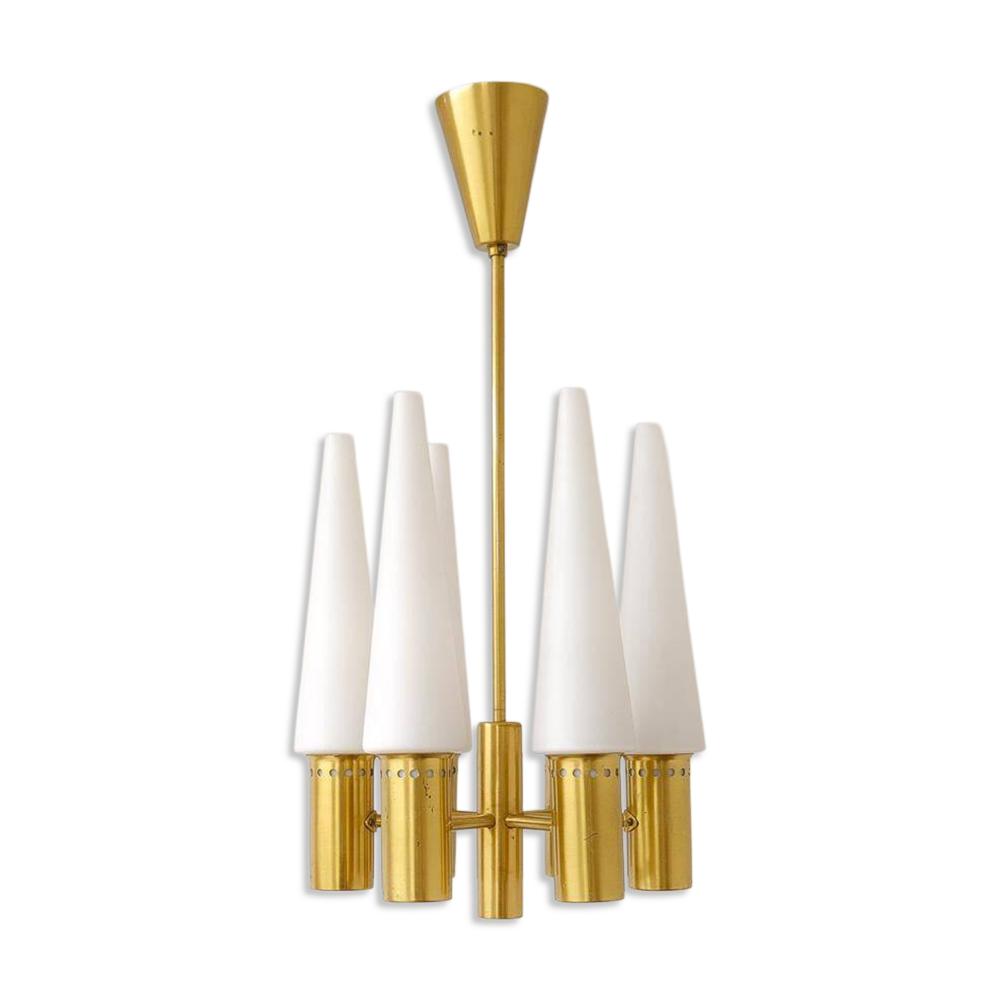 Midcentury brass and opaline ceiling lamp by Hans-Agne Jakobsson, Sweden, 1950s.