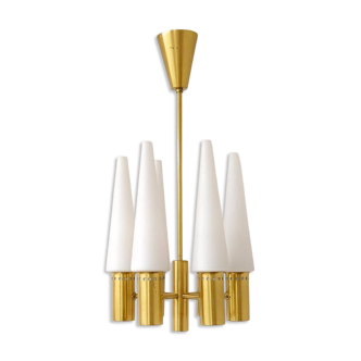 Midcentury brass and opaline ceiling lamp by Hans-Agne Jakobsson, Sweden, 1950s.