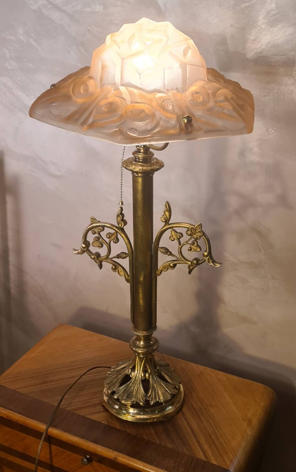 art nouveau bronze and brass lamp and lampshade signed opaque pink degue