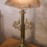 art nouveau bronze and brass lamp and lampshade signed opaque pink degue