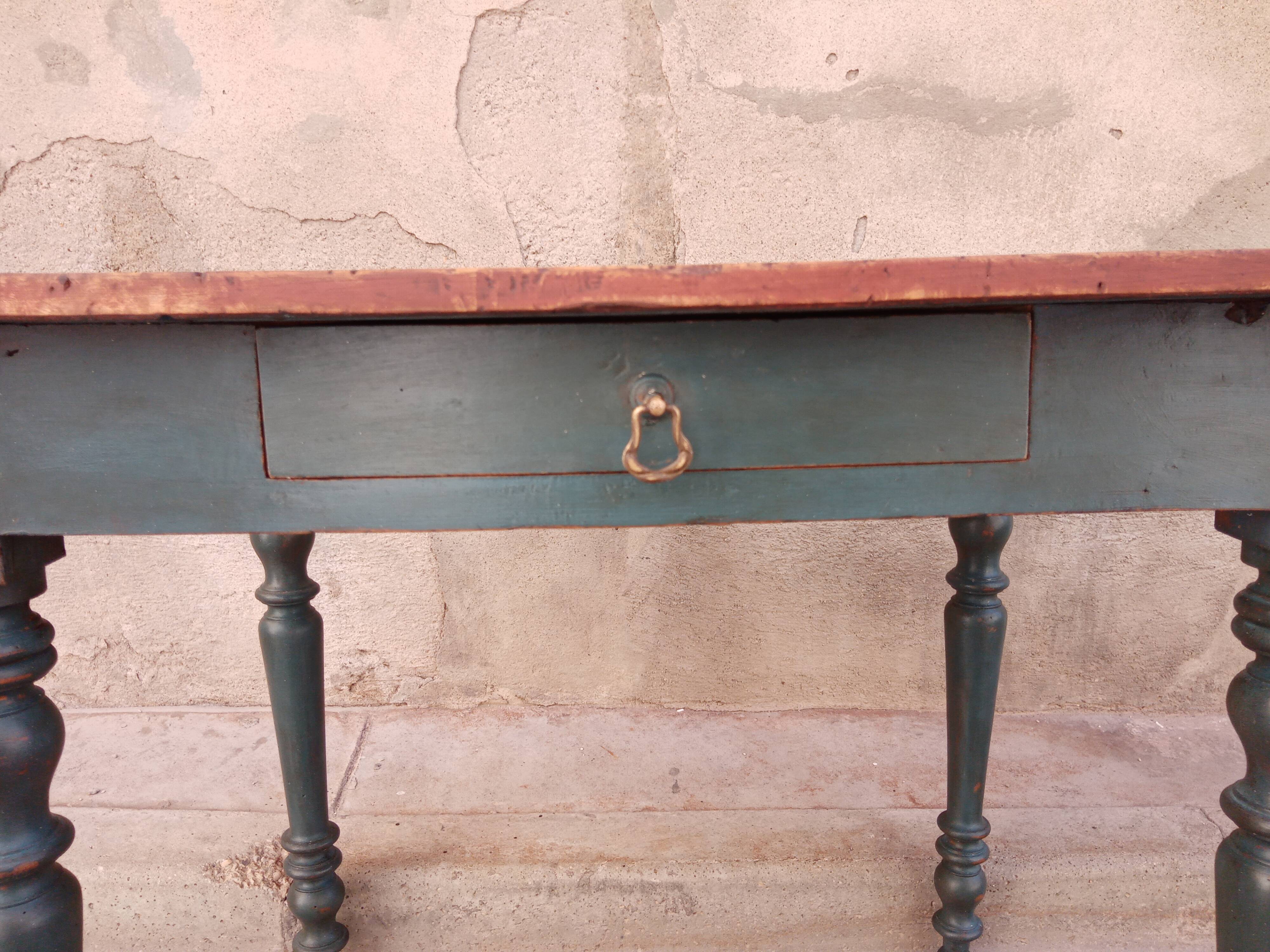 Old side table, desk, 1 drawer, blue patina aubusson