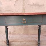 Old side table, desk, 1 drawer, blue patina aubusson