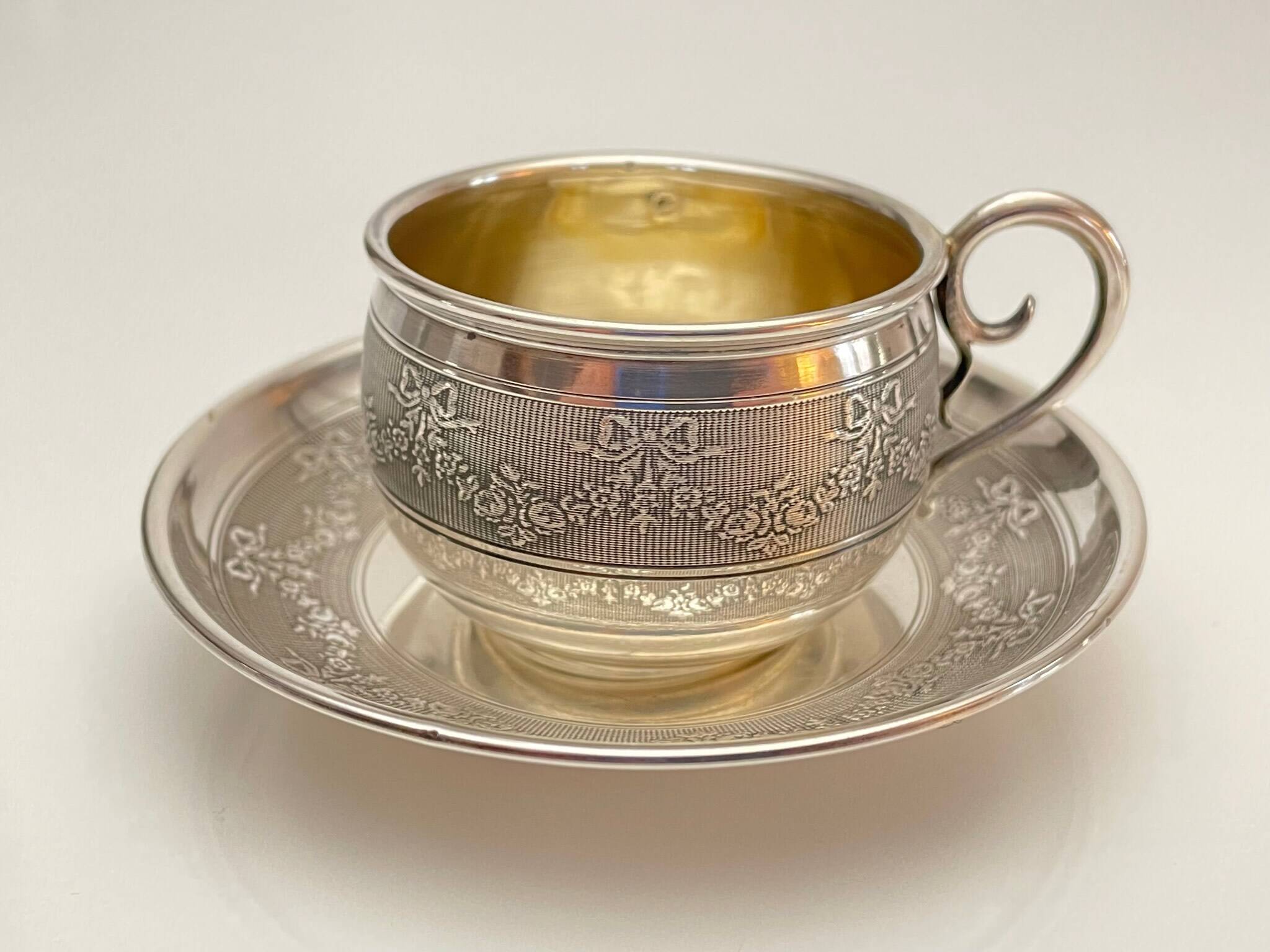 Silver Cup and Saucer | 20th Century | Ribbon and Flower Garland
