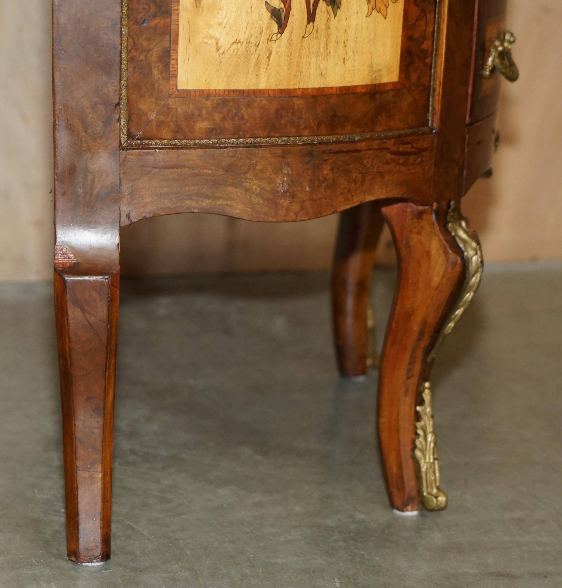 Vintage 1940s demi-lune buffet in burr walnut and satin wood.