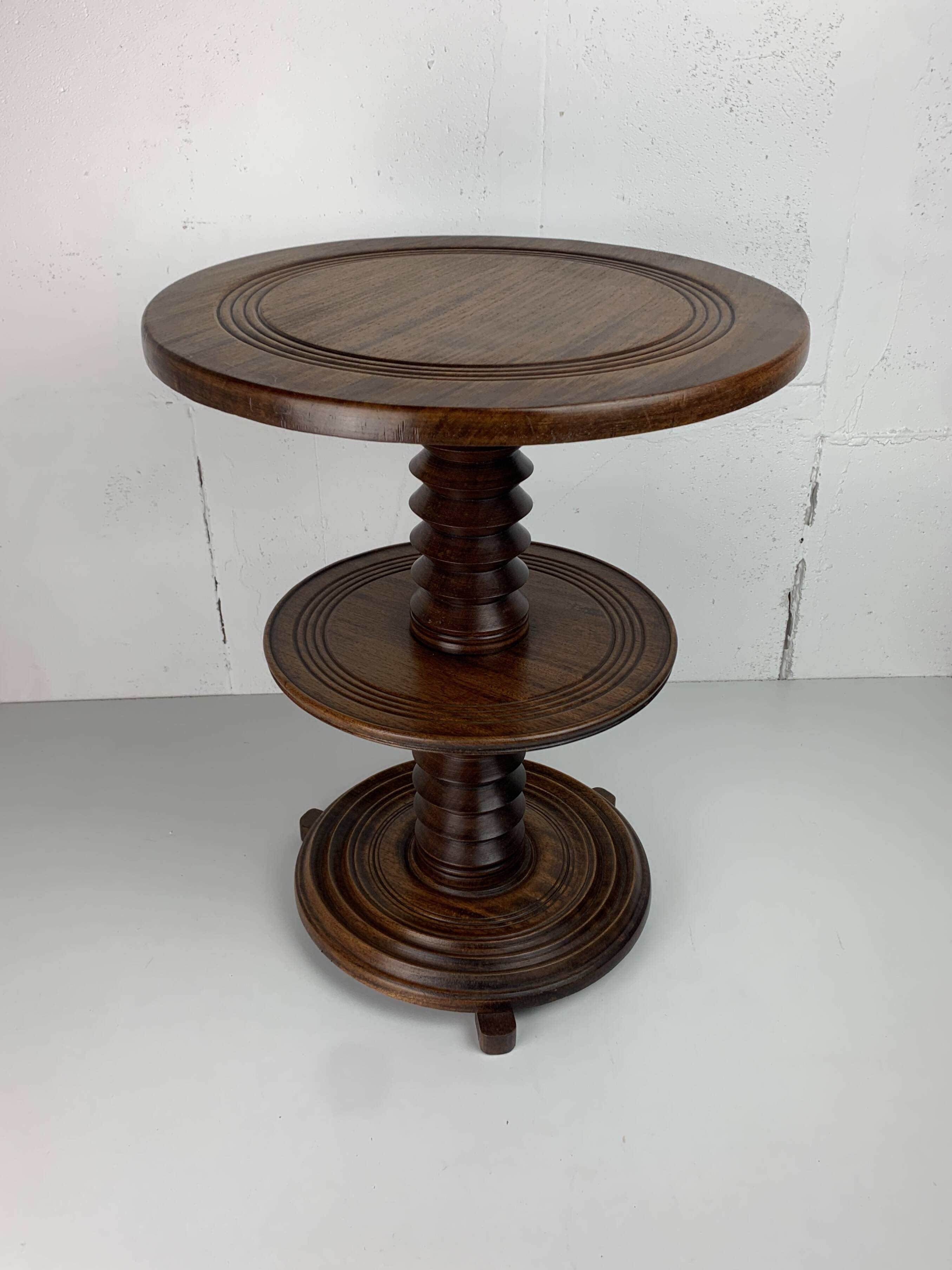 Brutalist Wood Turned Screw Press Side Table in the style of Dudouyt