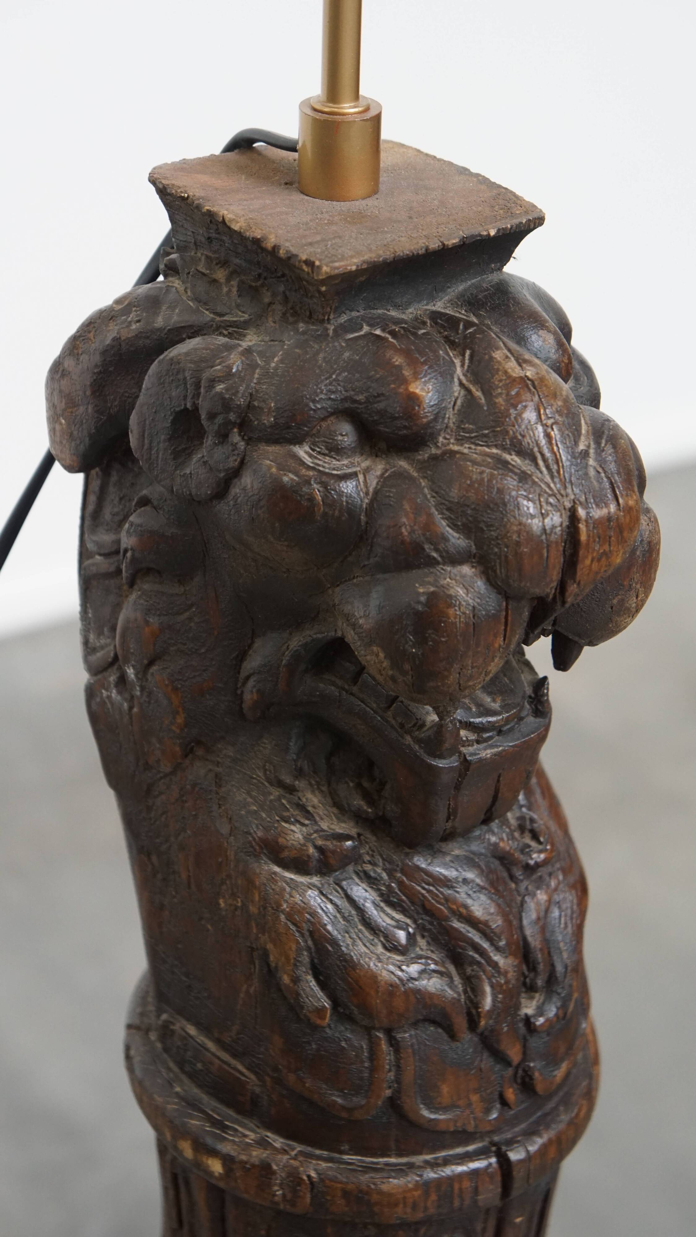 Hand-Carved Antique Wooden Floor Lamp with Lion Head