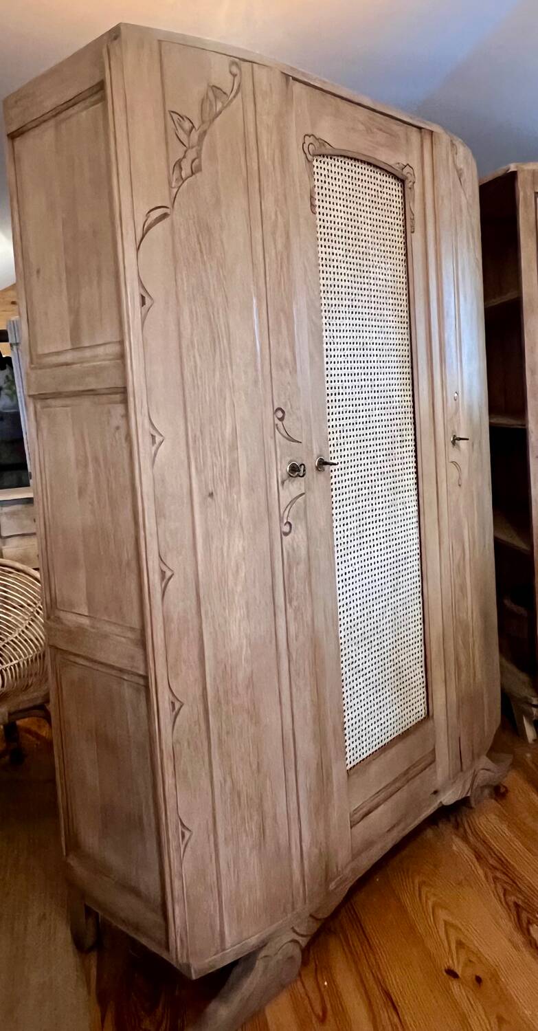 Antique solid oak wardrobe with caning.
