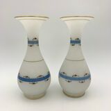 Pair of ancient opaline vases, flower decoration and blue and gold fillets - Circa 1900