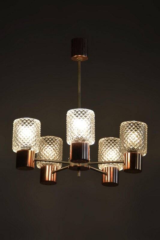 Mid-Century Chandelier in Chrome, Steel, Copper, and Glass, Czech, 1960s