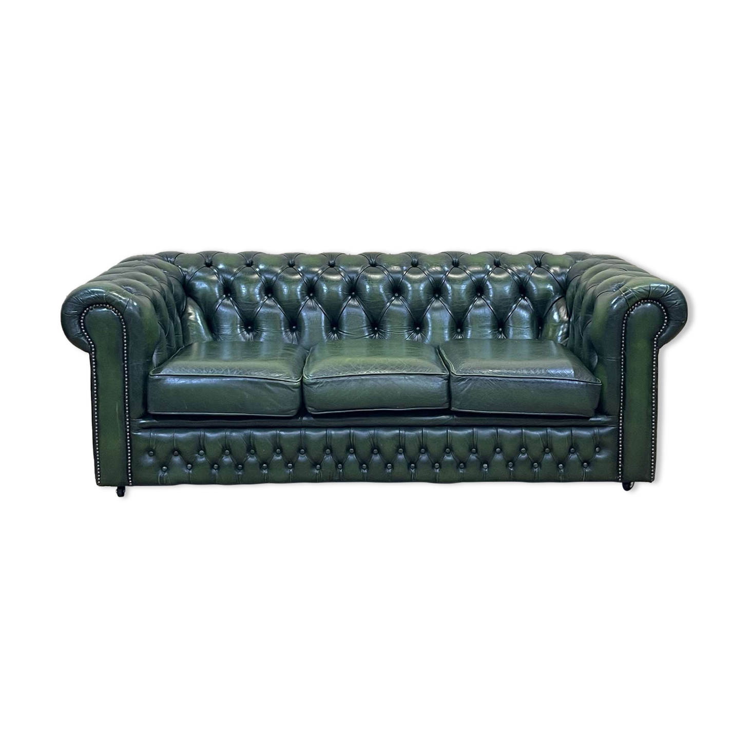 Chesterfield 3-seater sofa in green leather from the 80s