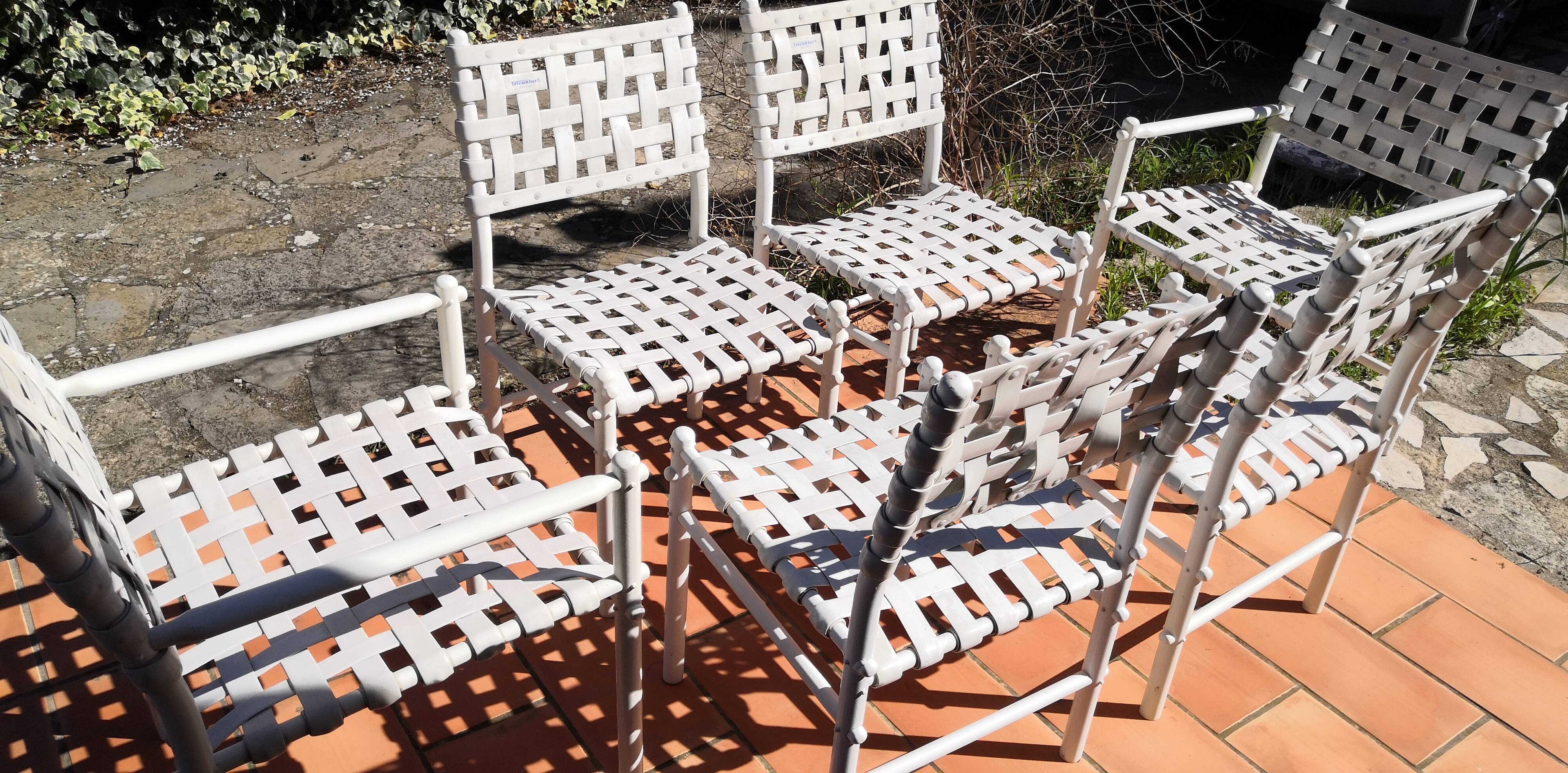 4 chairs & 2 vintage woven lounge armchairs triconfort, 1980 France