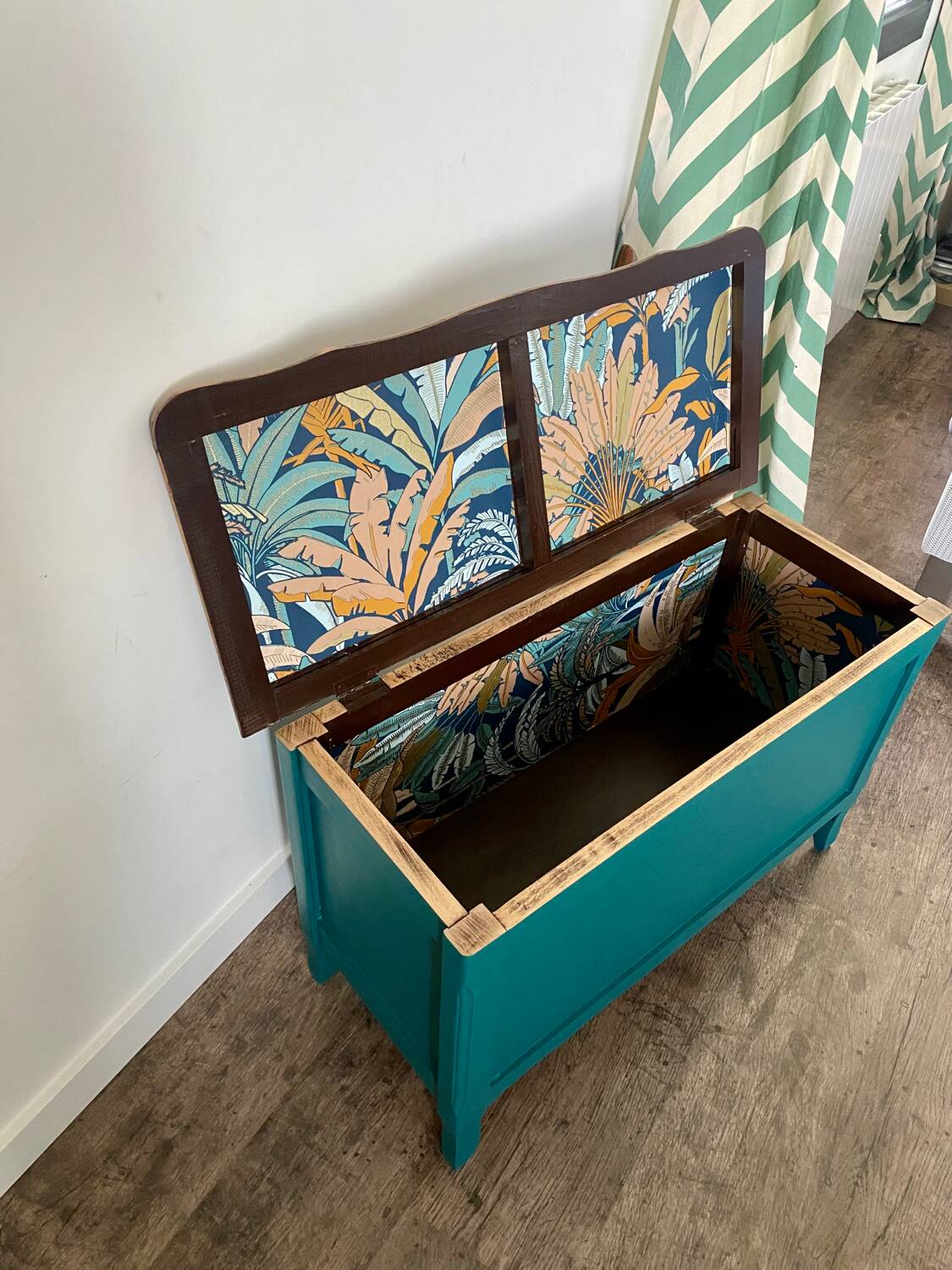 Duck blue and light wood storage chest
