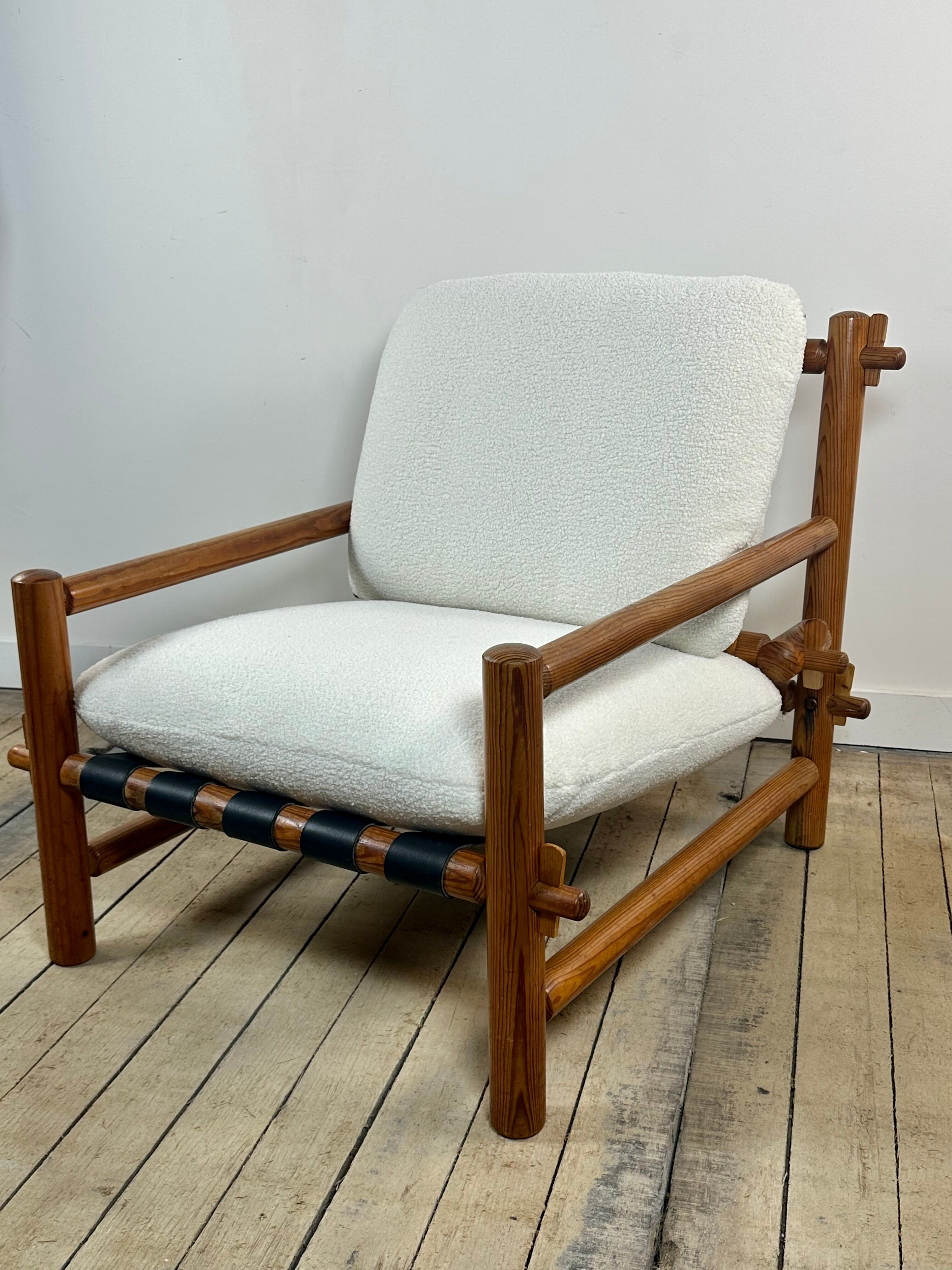Vintage Lounge Armchair Solid Pine 1970 Boucle Fabric Ecru
