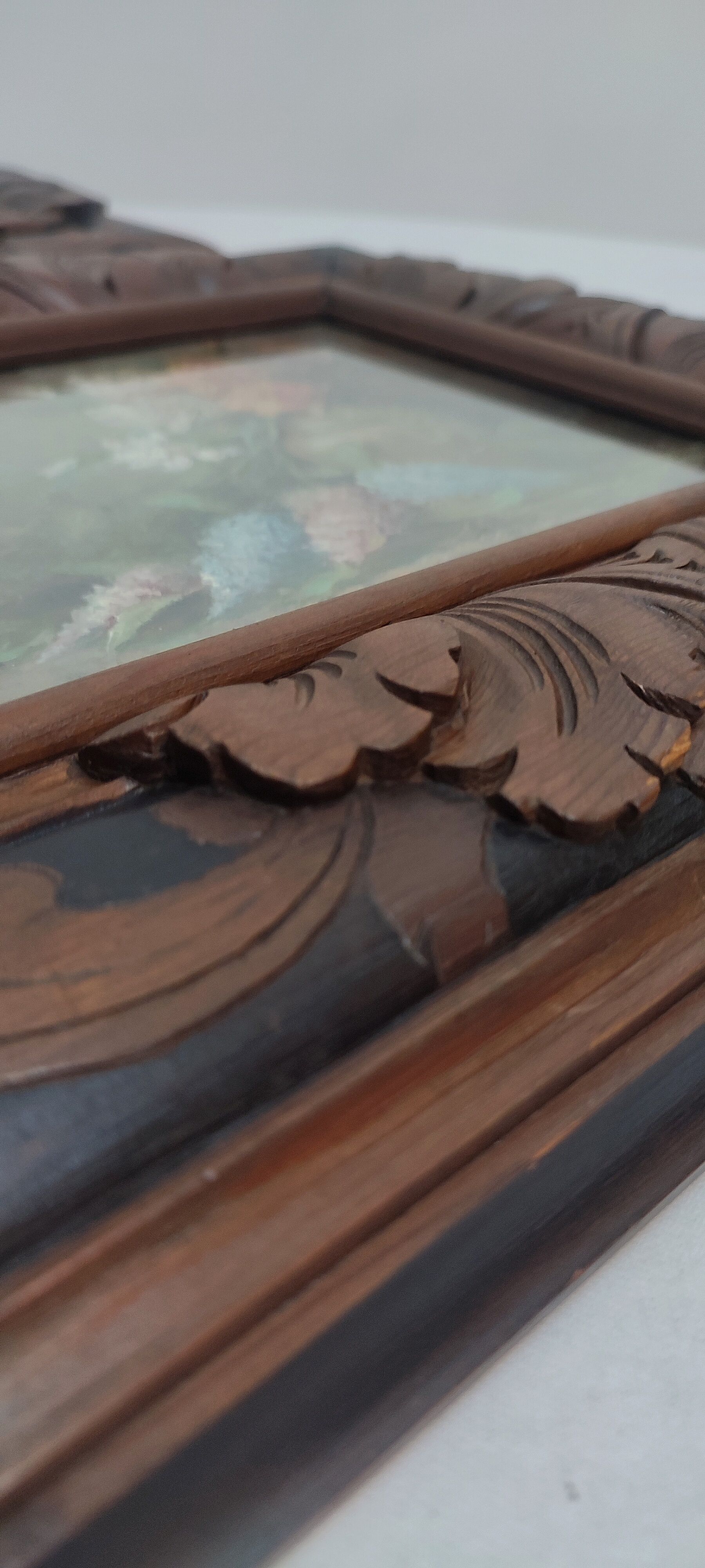 Pair of oils on cardboard with carved wooden frame. Spain 1950s.