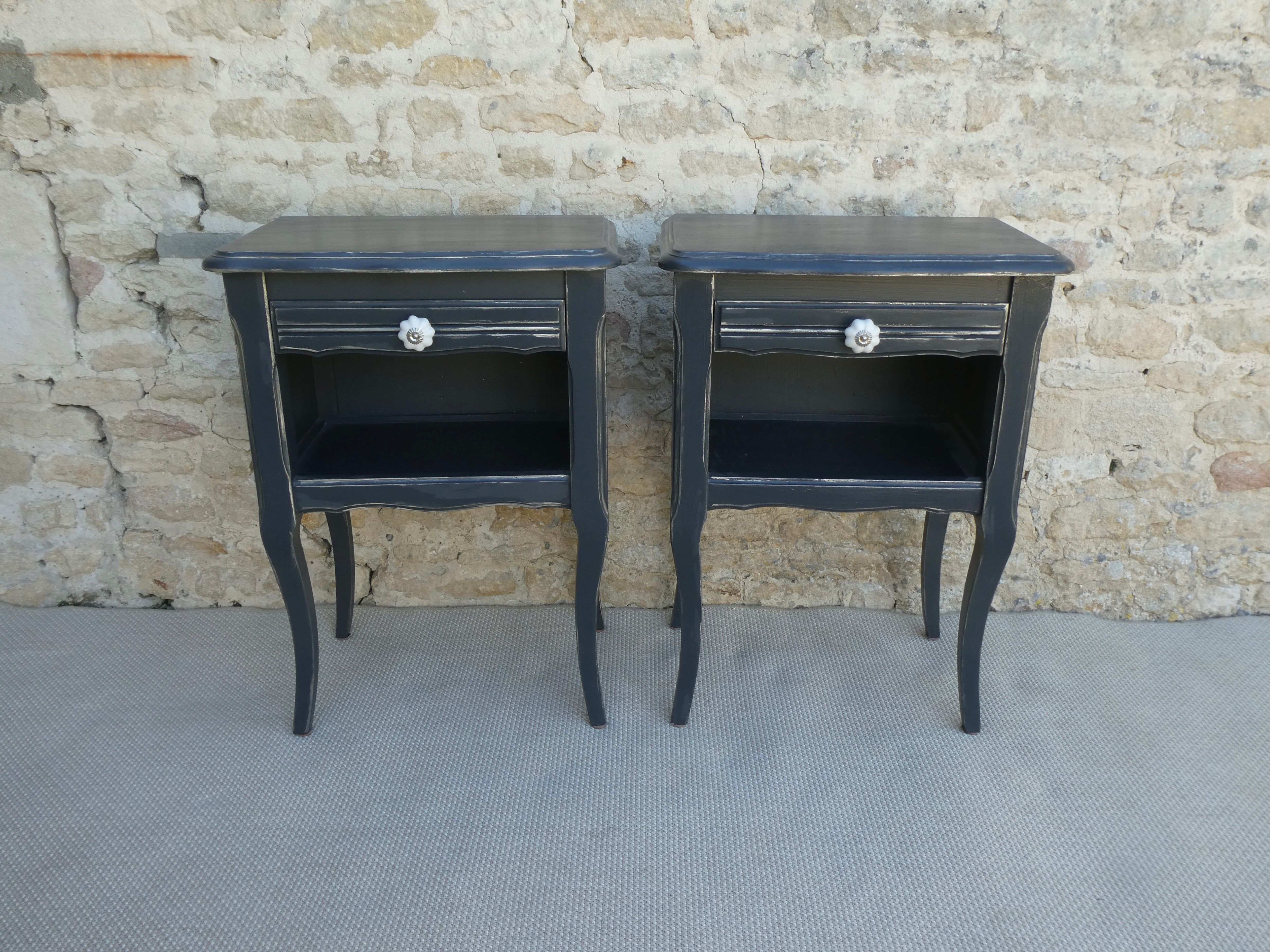 Pair of wooden bedside tables, gray patina