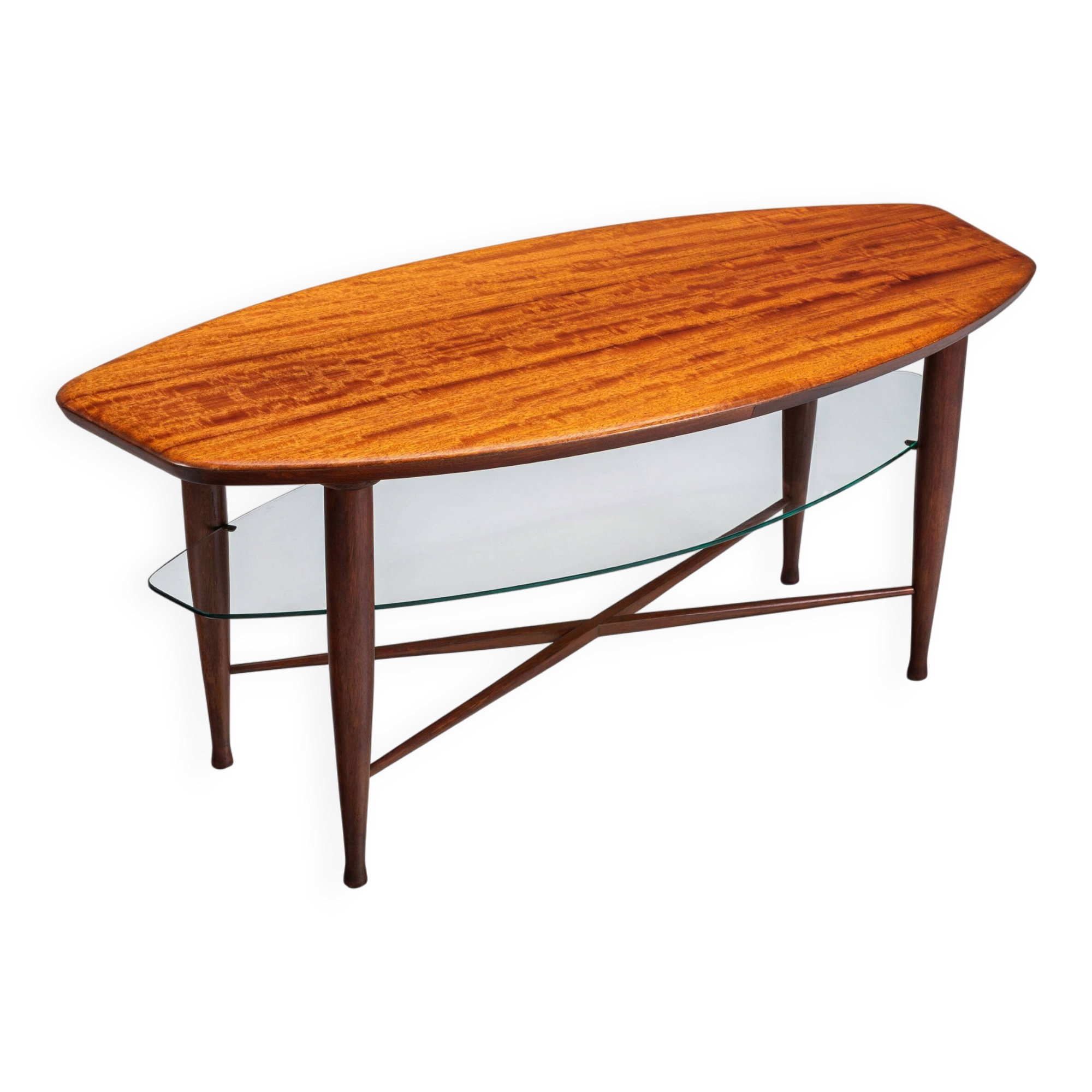 Assymetrical coffeetable with glass storage and cross leg details