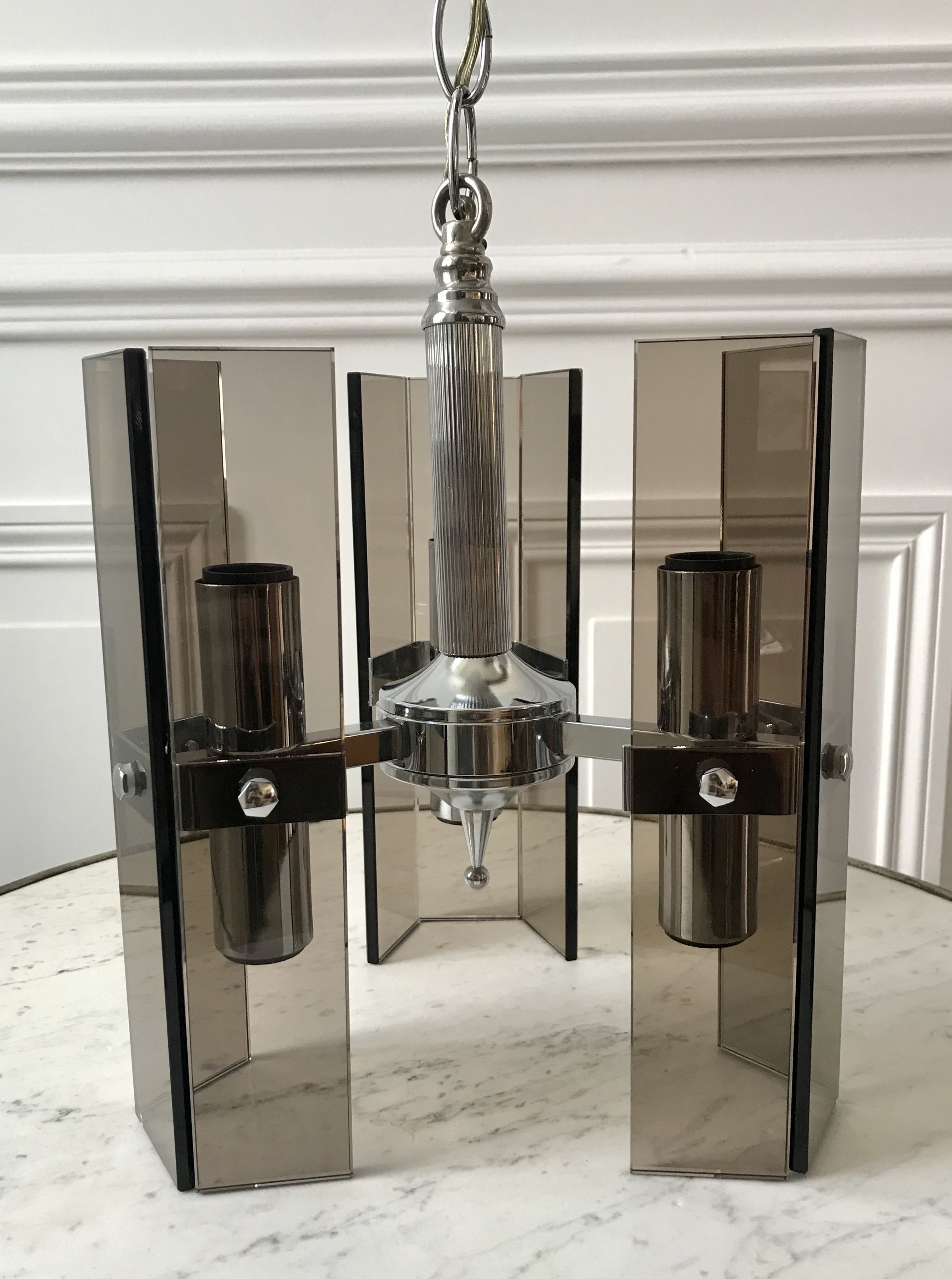 Chrome metal pendant lamp and smoked glass futuristic style 70s