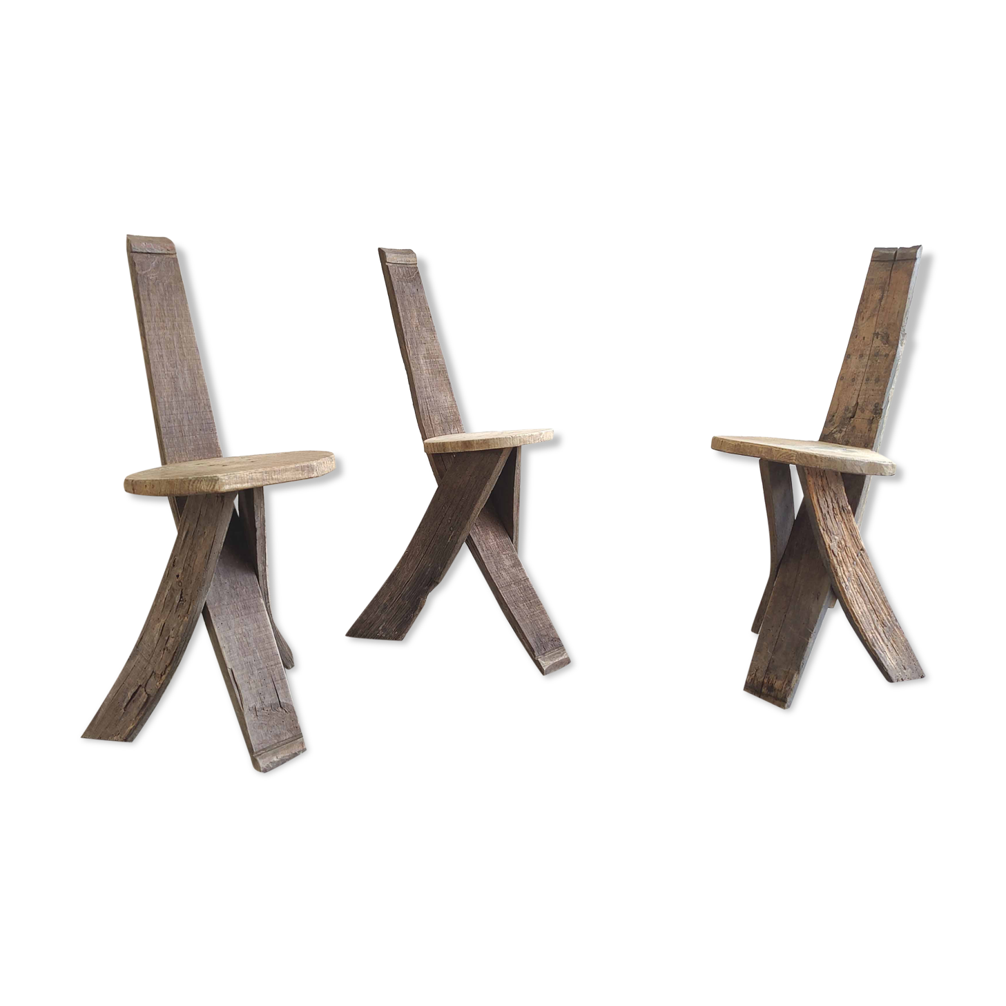 Set of 3 chairs brutalist tripod solid wood