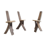 Set of 3 chairs brutalist tripod solid wood