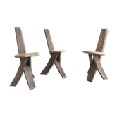 Set of 3 chairs brutalist tripod solid wood