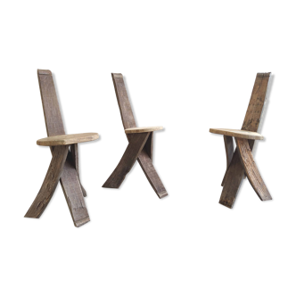 Set of 3 chairs brutalist tripod solid wood
