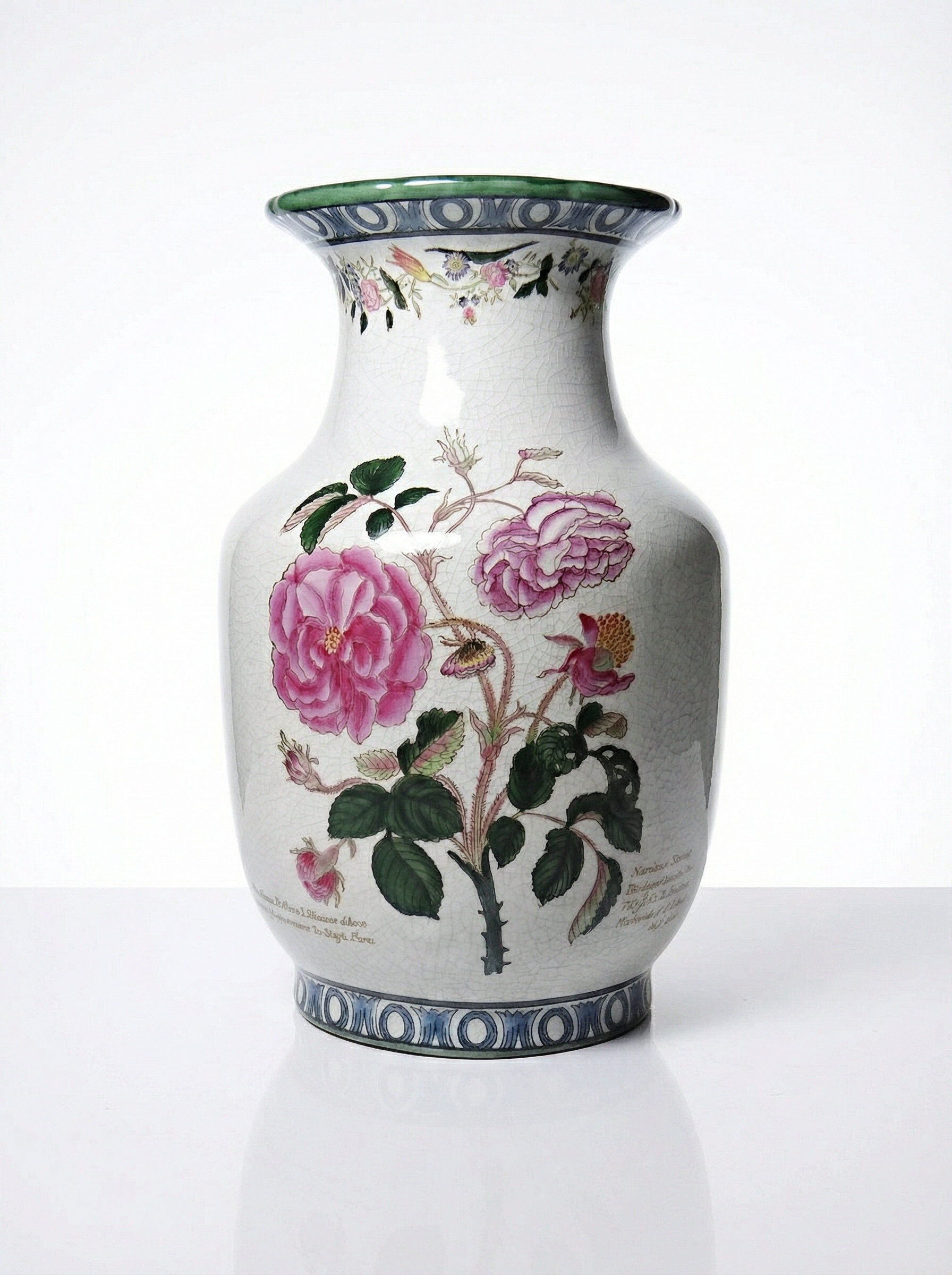 Impressive cracked earthenware vase with polychrome botanical decoration by Wong Lee, 1895, vintage.