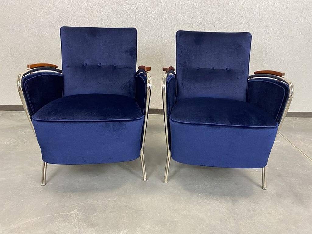 Elegant blue chrome armchairs by Jozsef Peresztegi
