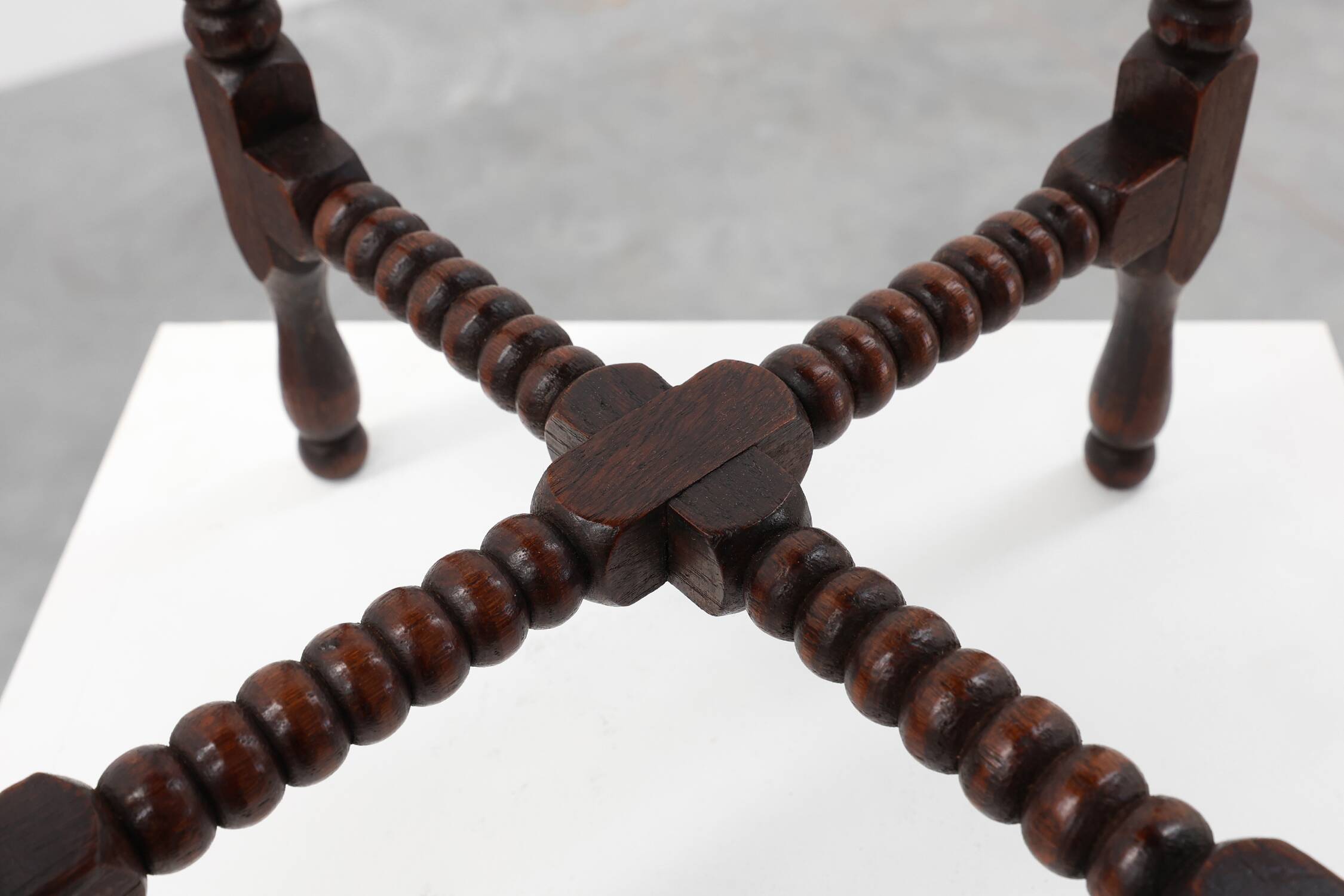 Art Deco round wooden side table with spindle legs, France circa 1900