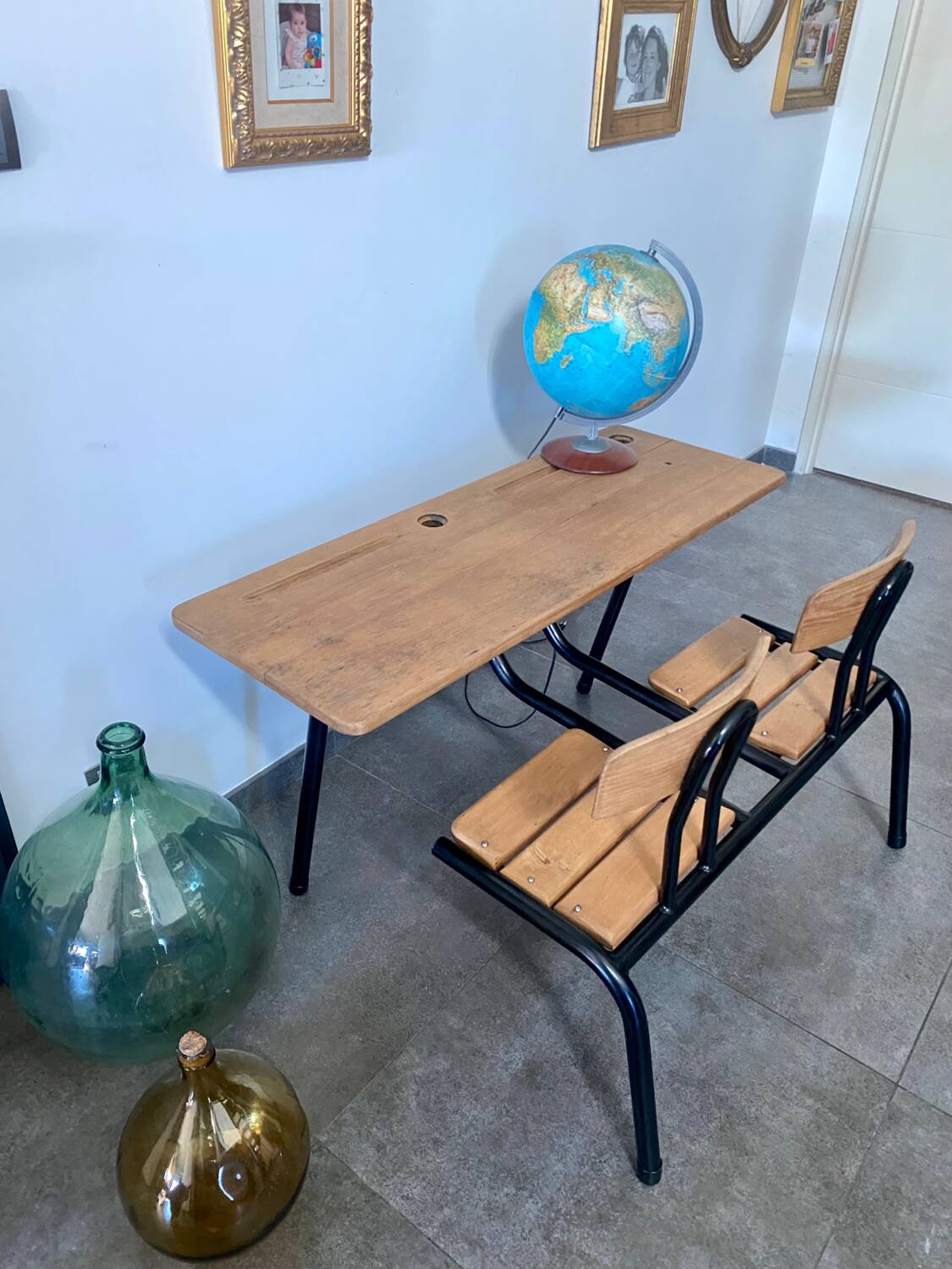 Vintage double school desk, refurbished in black and wood