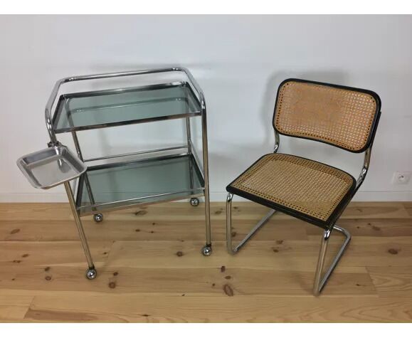 1970 chrome and smoked glass service, professional furniture, industrial style