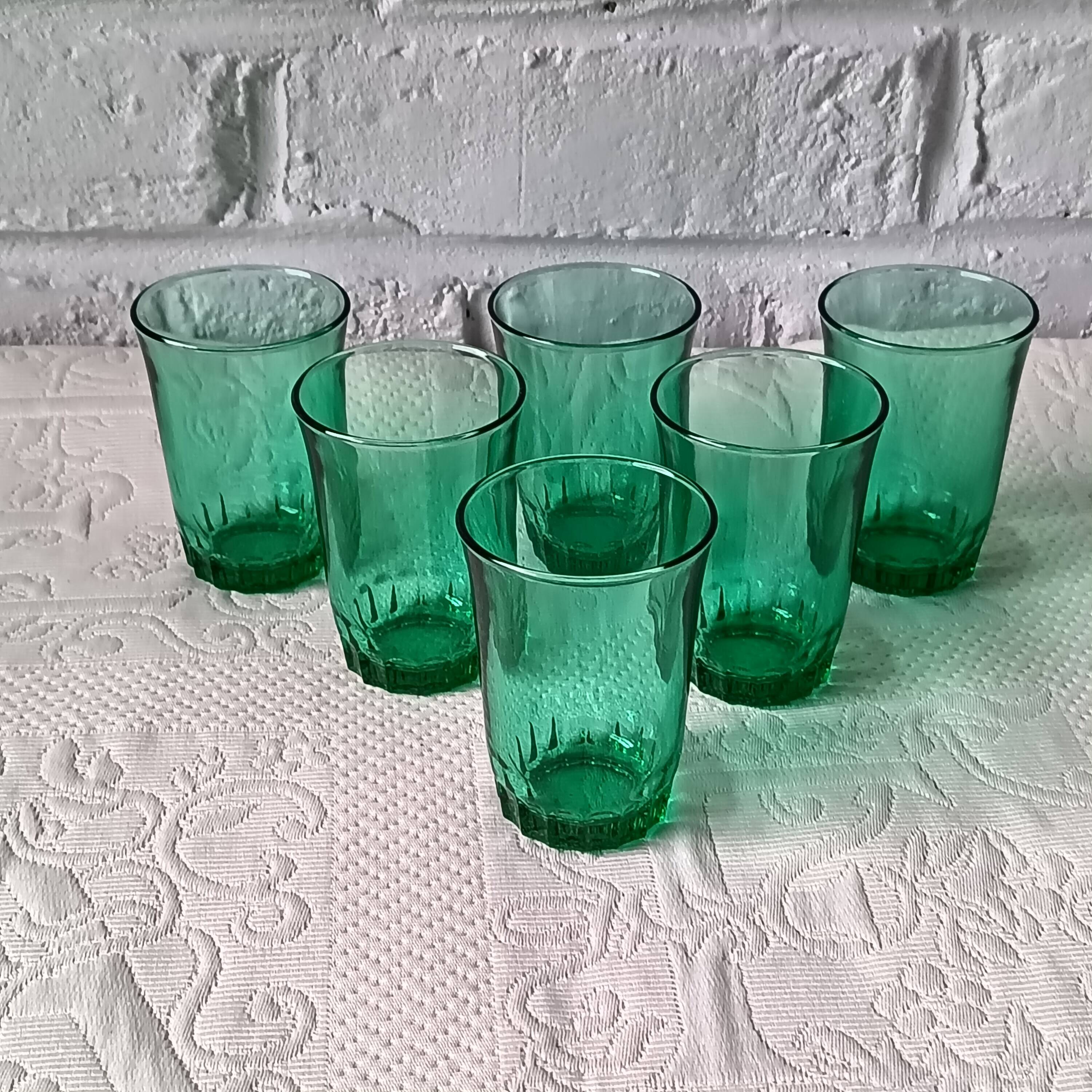 6 verres 12 cl rétro verre vert émeraude france, petits verres vintage