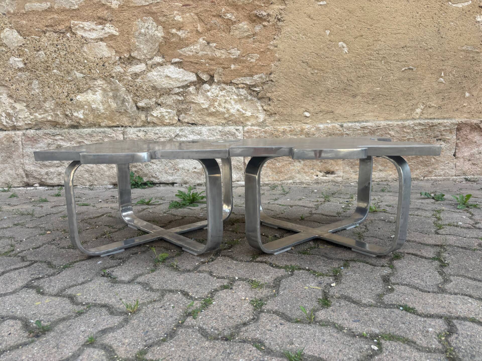 Pair of uniquely designed handmade puzzle coffee tables