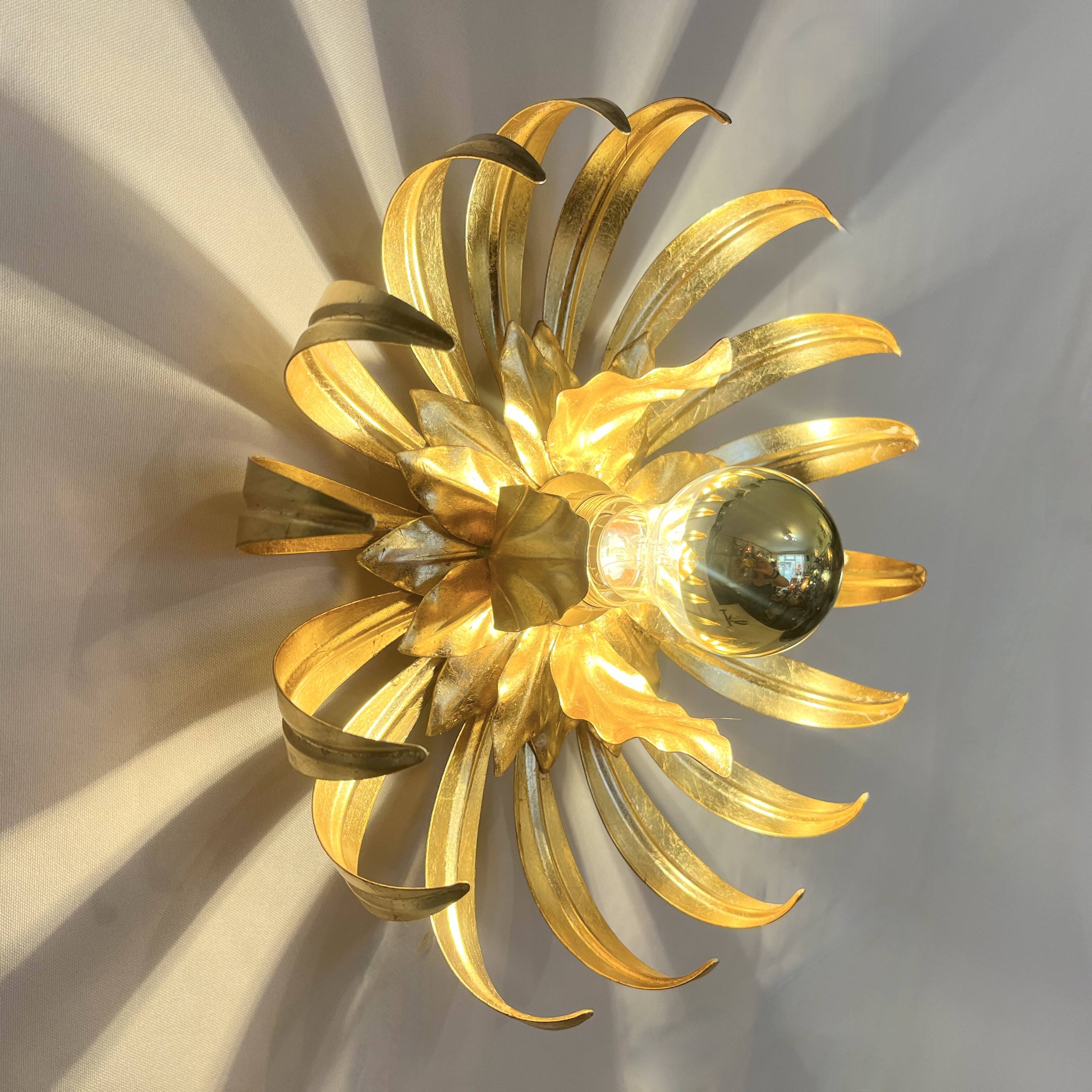 Vintage gold leaf metal wall light flower applique