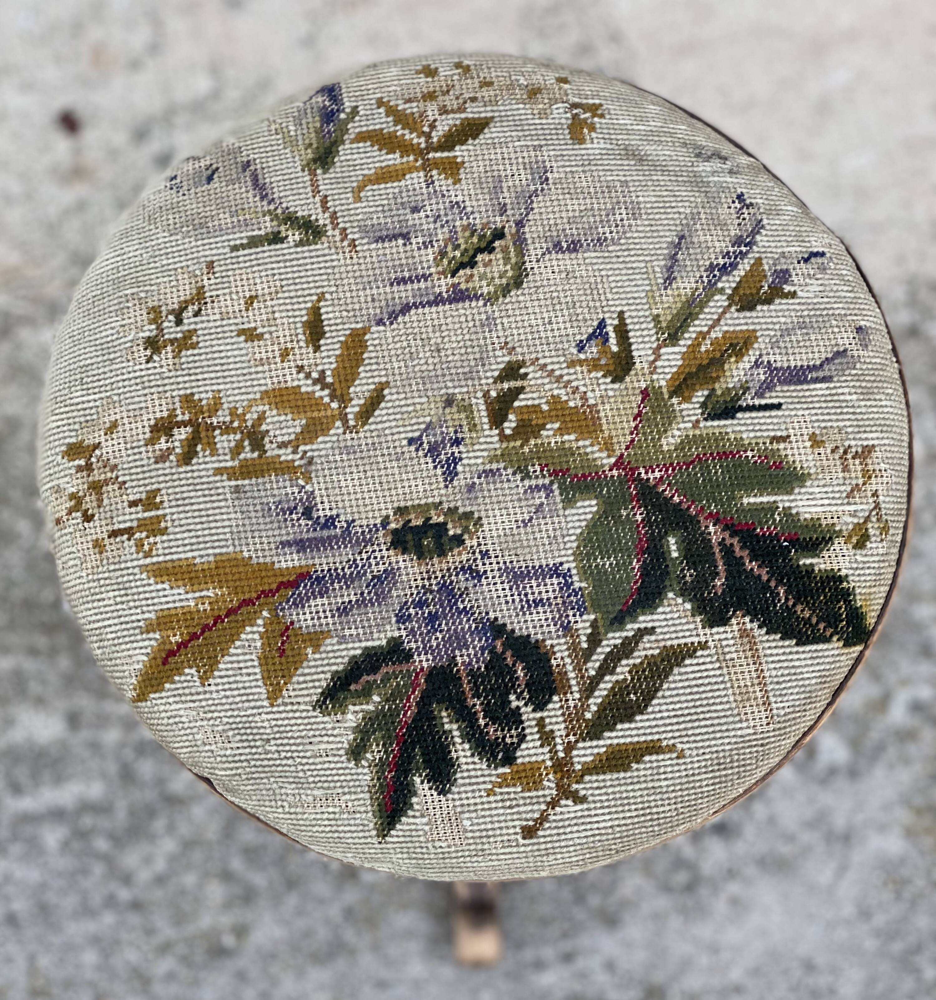 19th-century stool with twisted oak legs and embroidery.