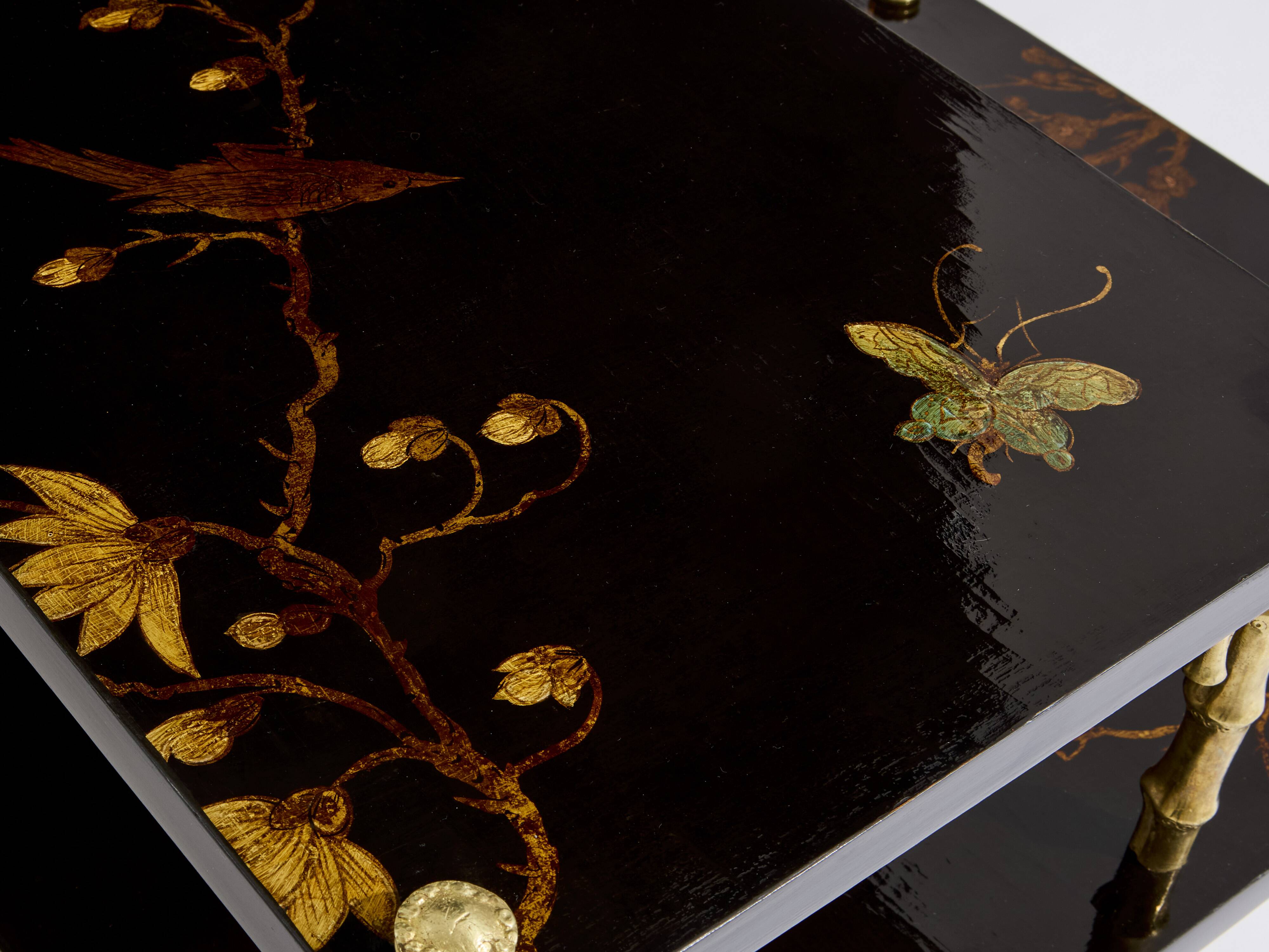 Bamboo bronze lacquered Chinese side tables Maison Baguès 1940