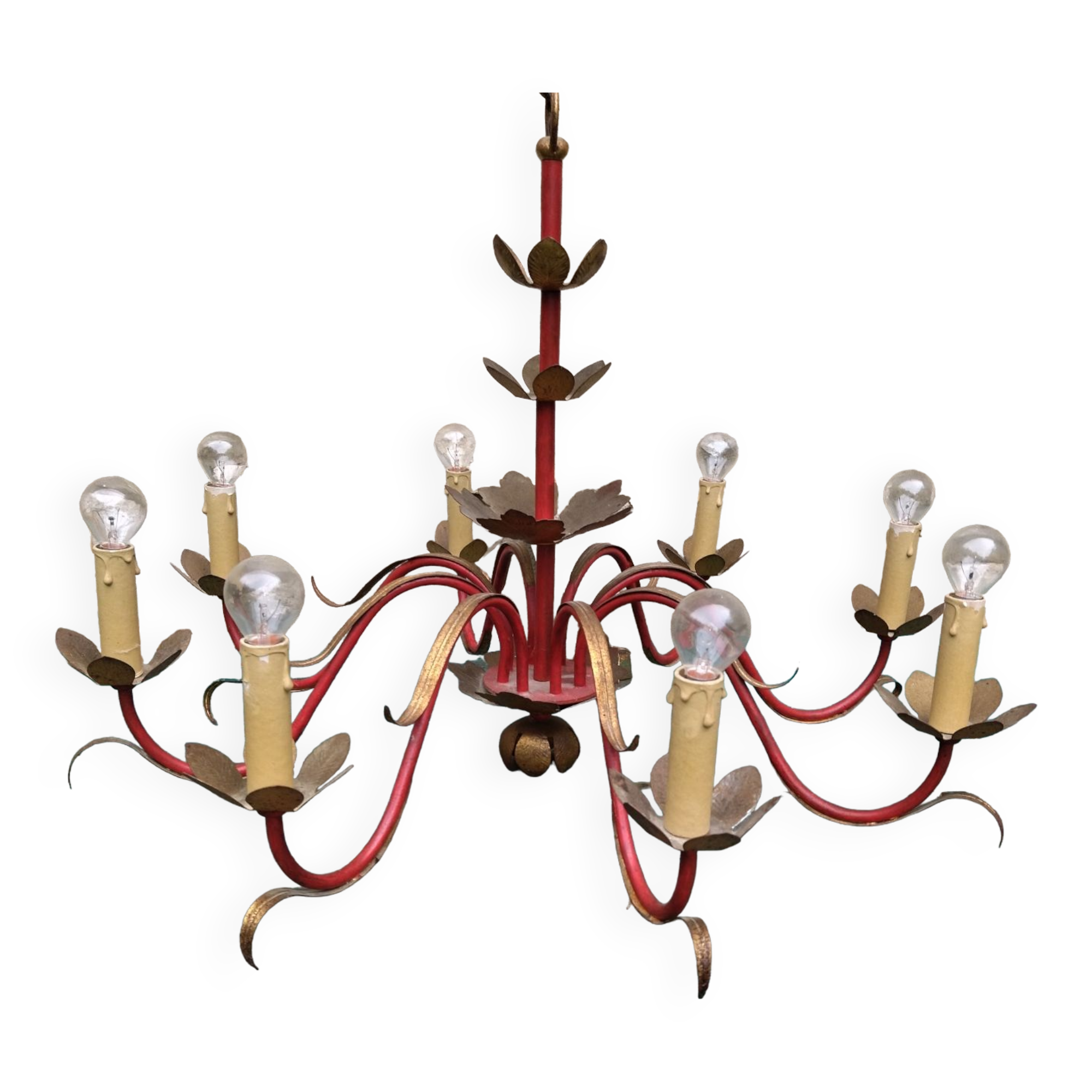 Chandelier gilded sheet metal masca Italy 60s Hollywood regency