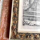 19th century engraving, Art Deco gold glazed frame
