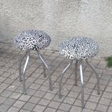 Set of 2 vintage DESIGN mushroom stools in chromed metal and Leopard velvet seat