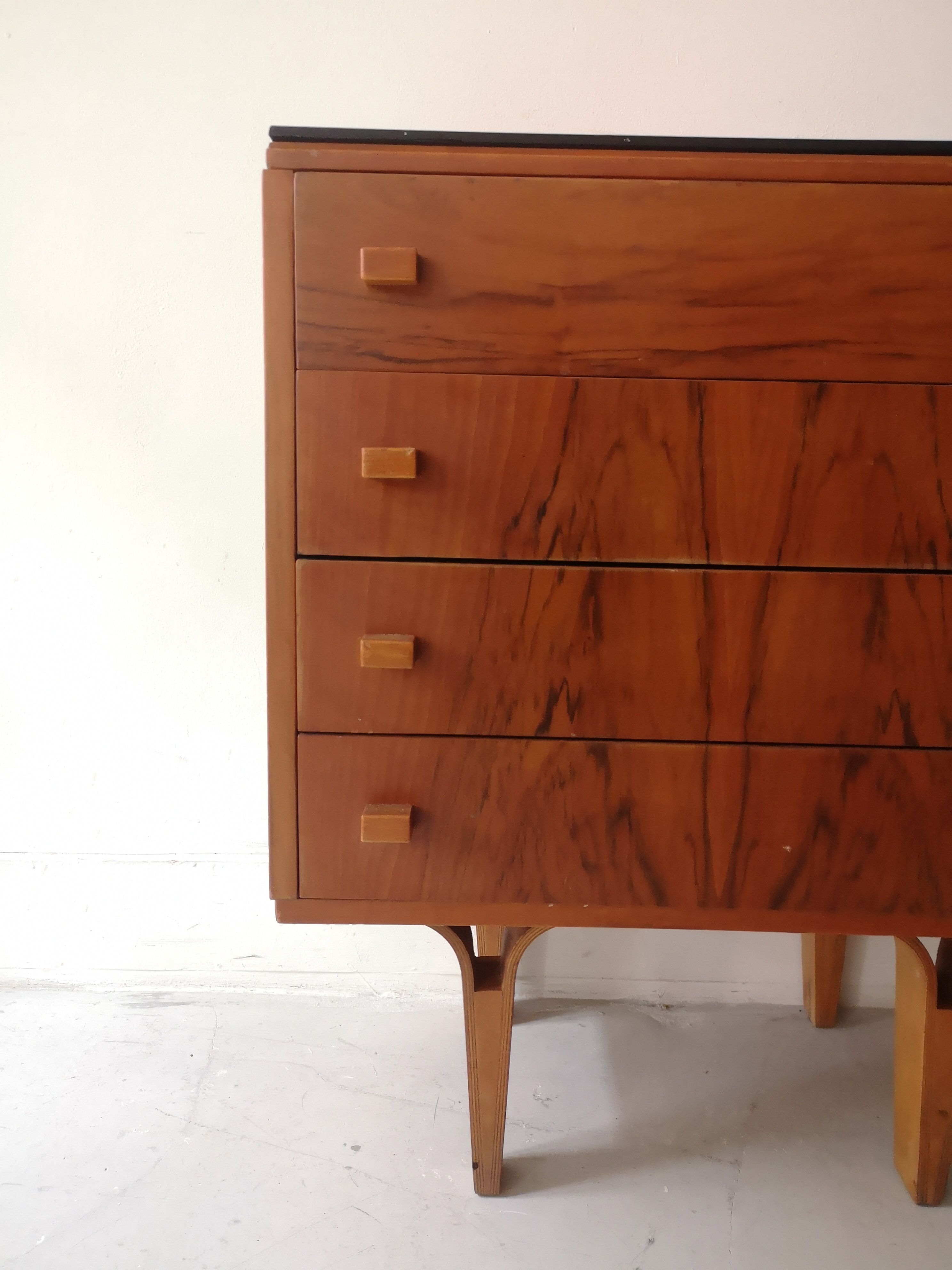 Chest of drawers in rosewood and vintage mid-century black glass, czechoslovakia 1970