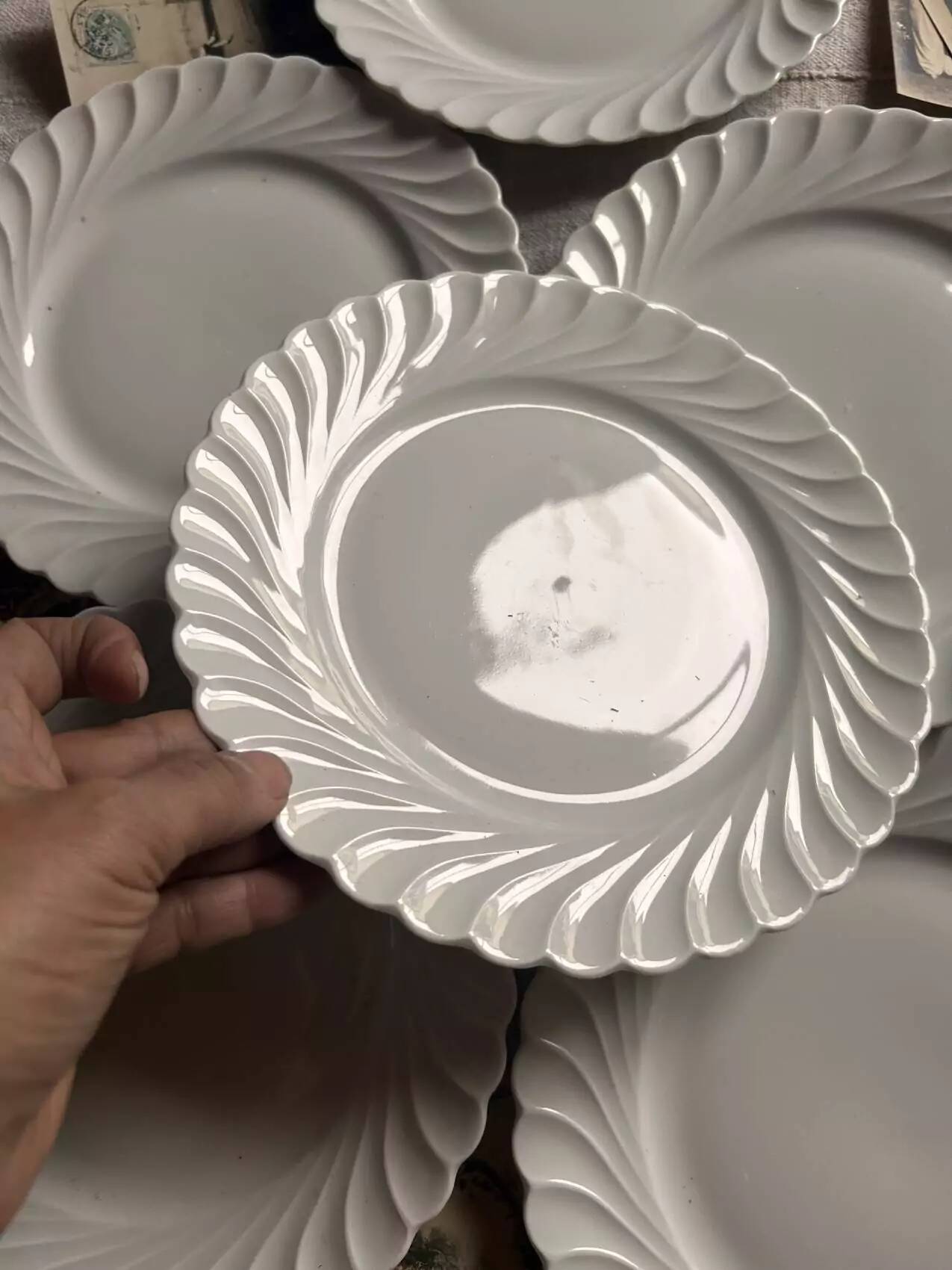 Set of 6 antique twisted white porcelain plates, a beautiful timeless classic.