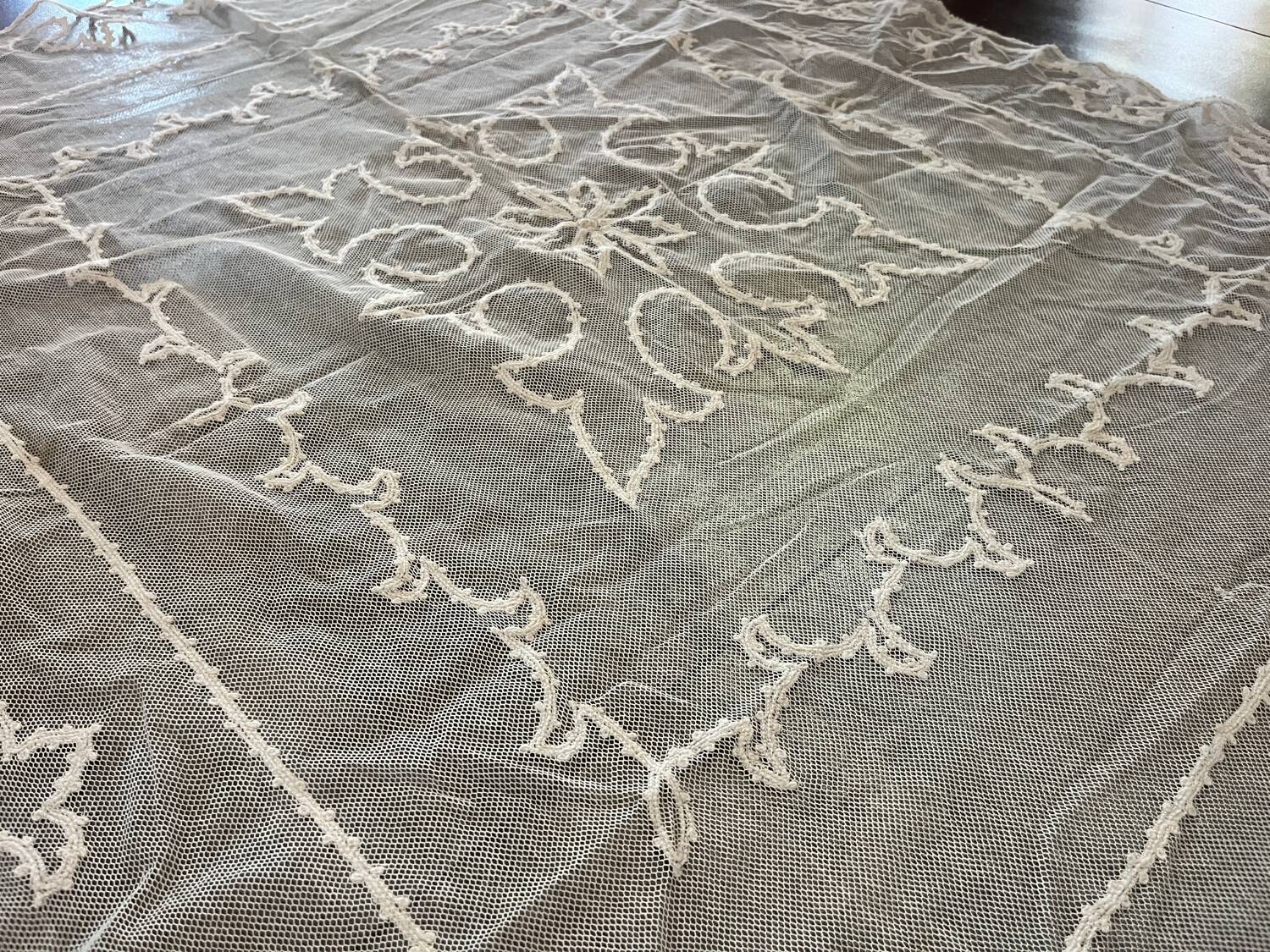 Old tablecloth embroidered with openwork embroidery.