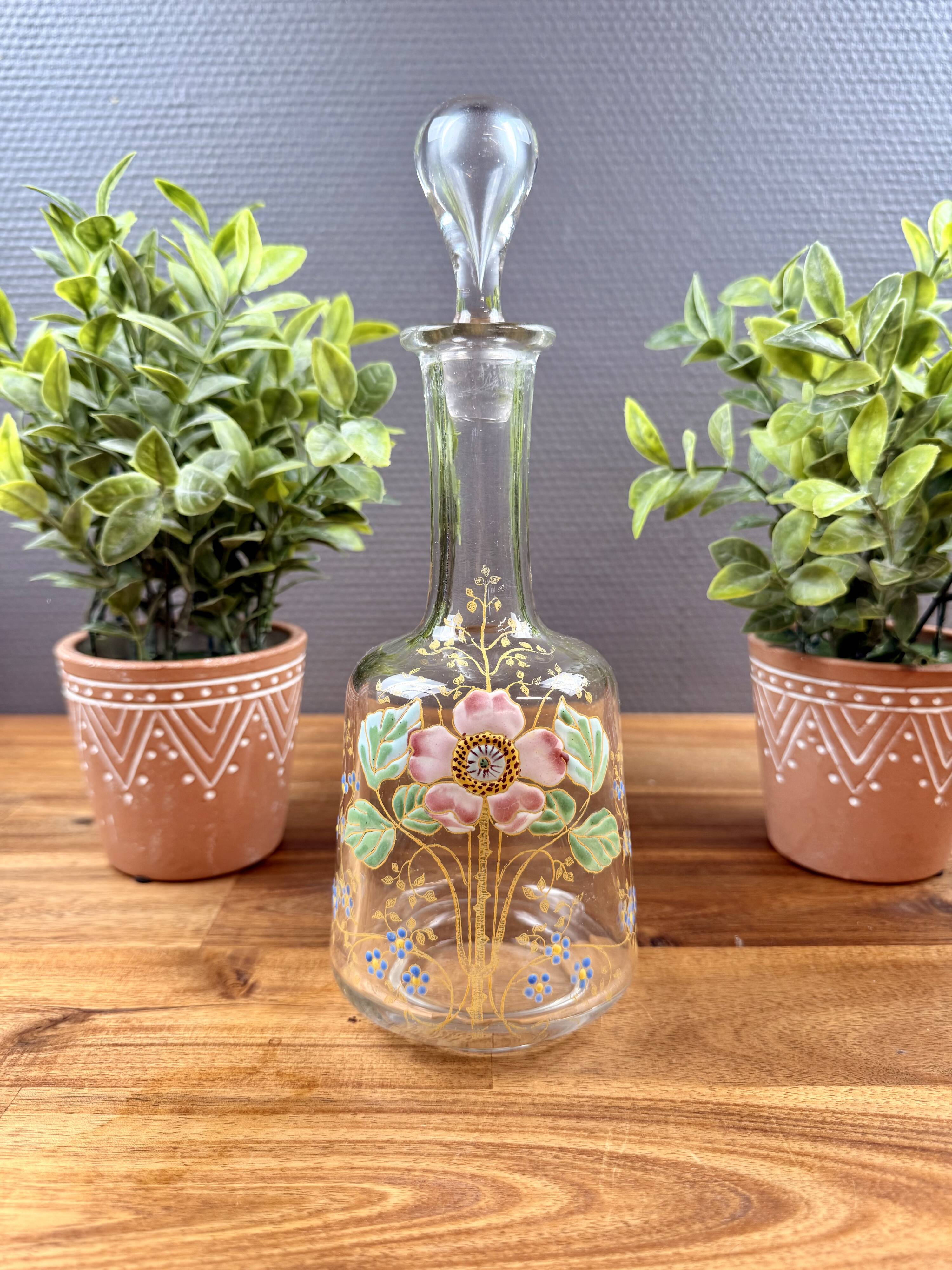 Glass carafe with enamel floral decoration and stopper – vintage