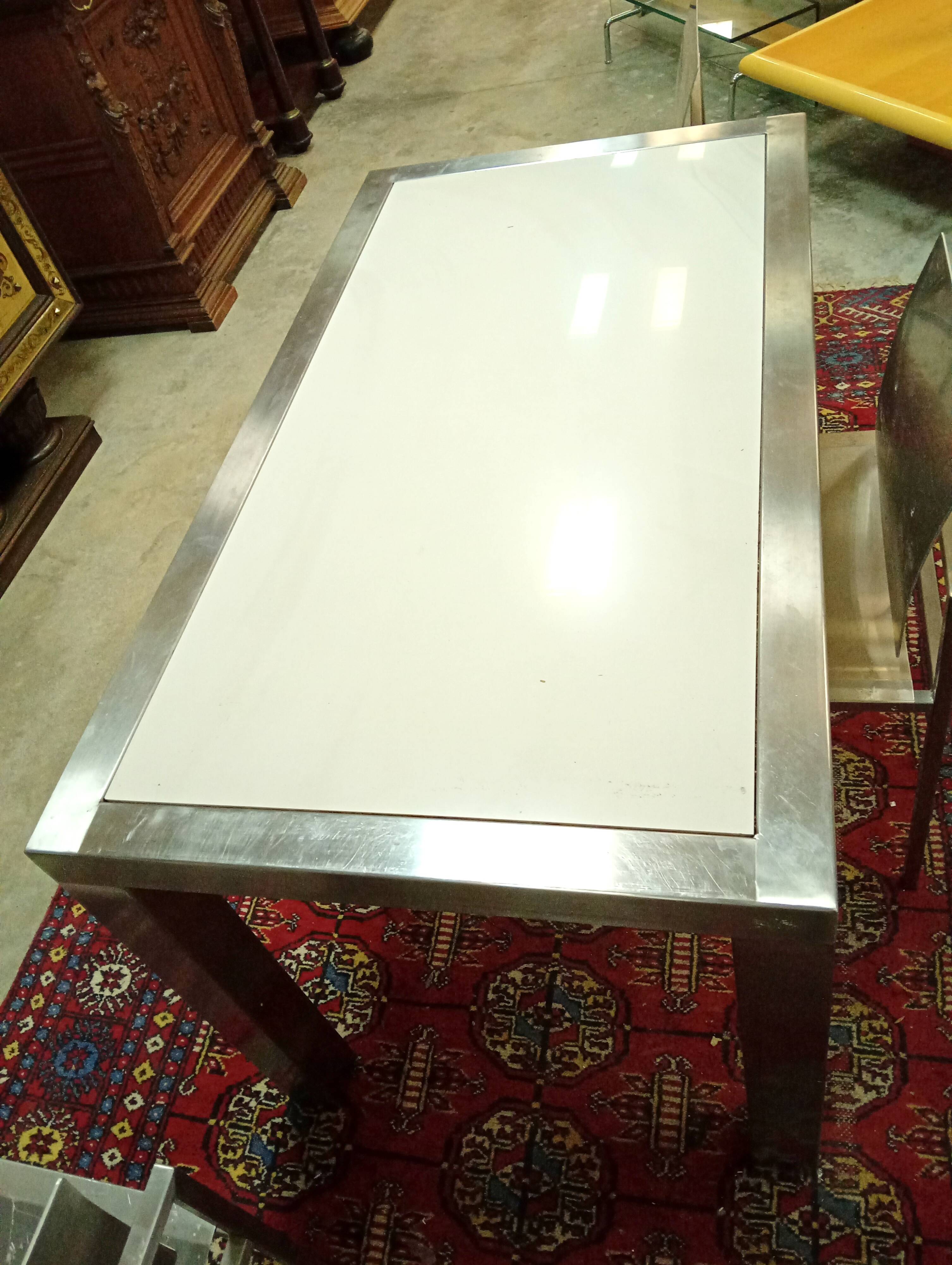 Design dining room set in brushed steel – Table and four chairs