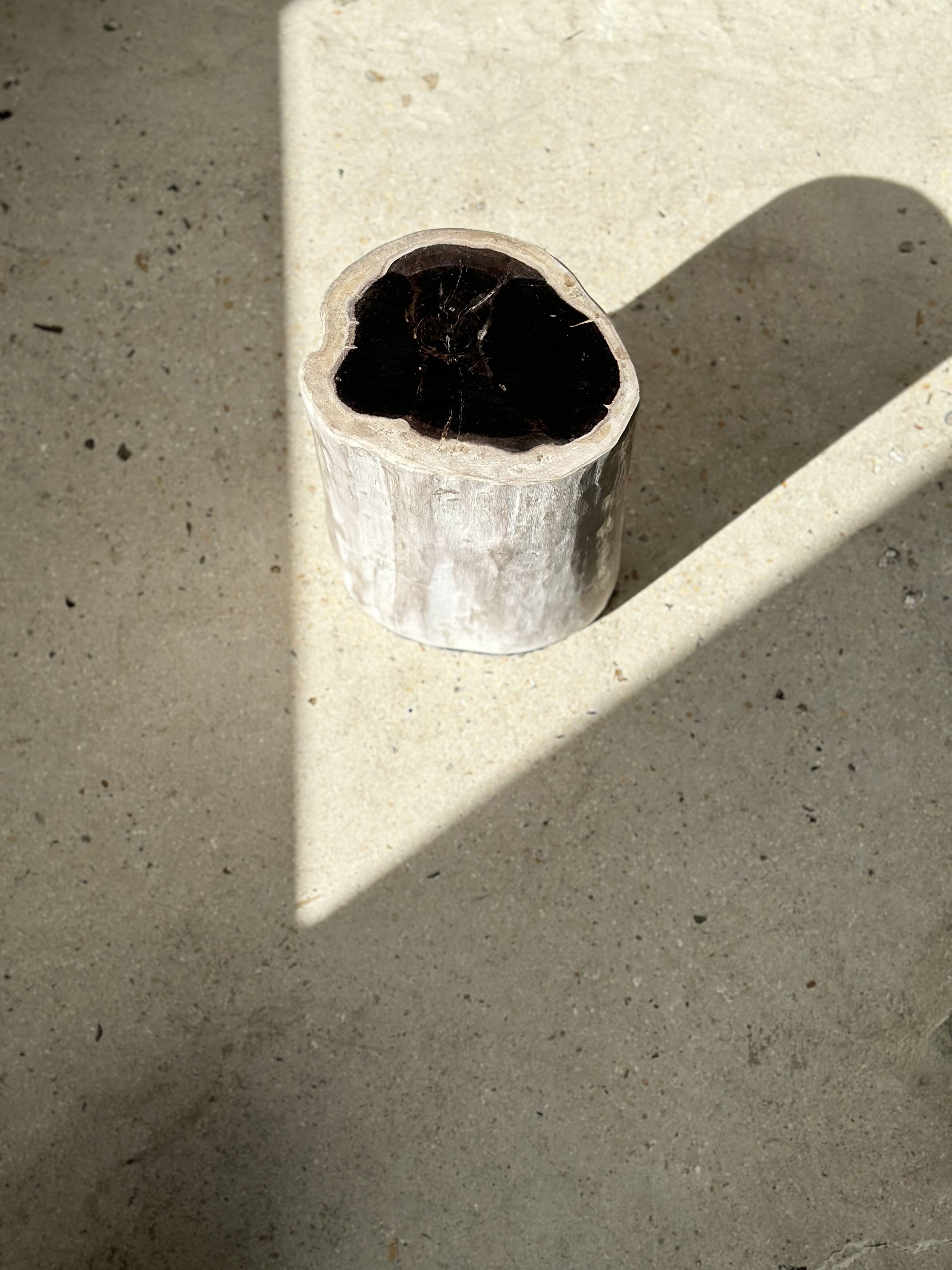 Petrified wood side table white tower black heart H:36cm D:17cm