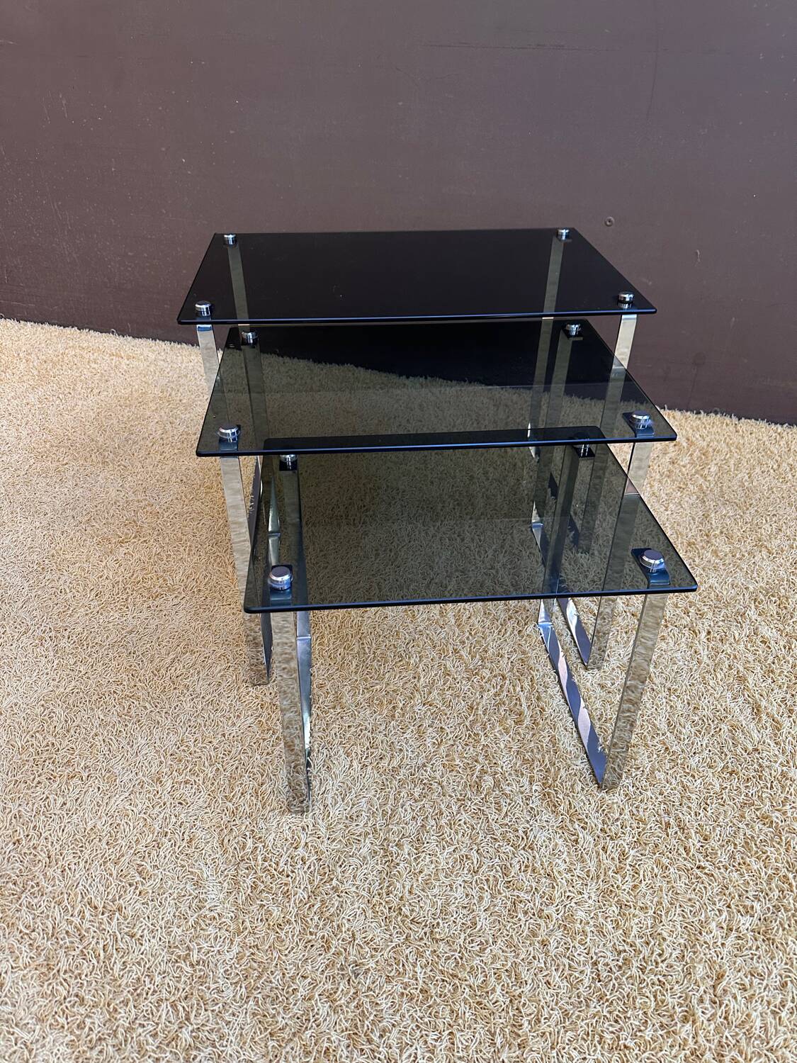 Set of 3 nesting tables in metal and smoked glass