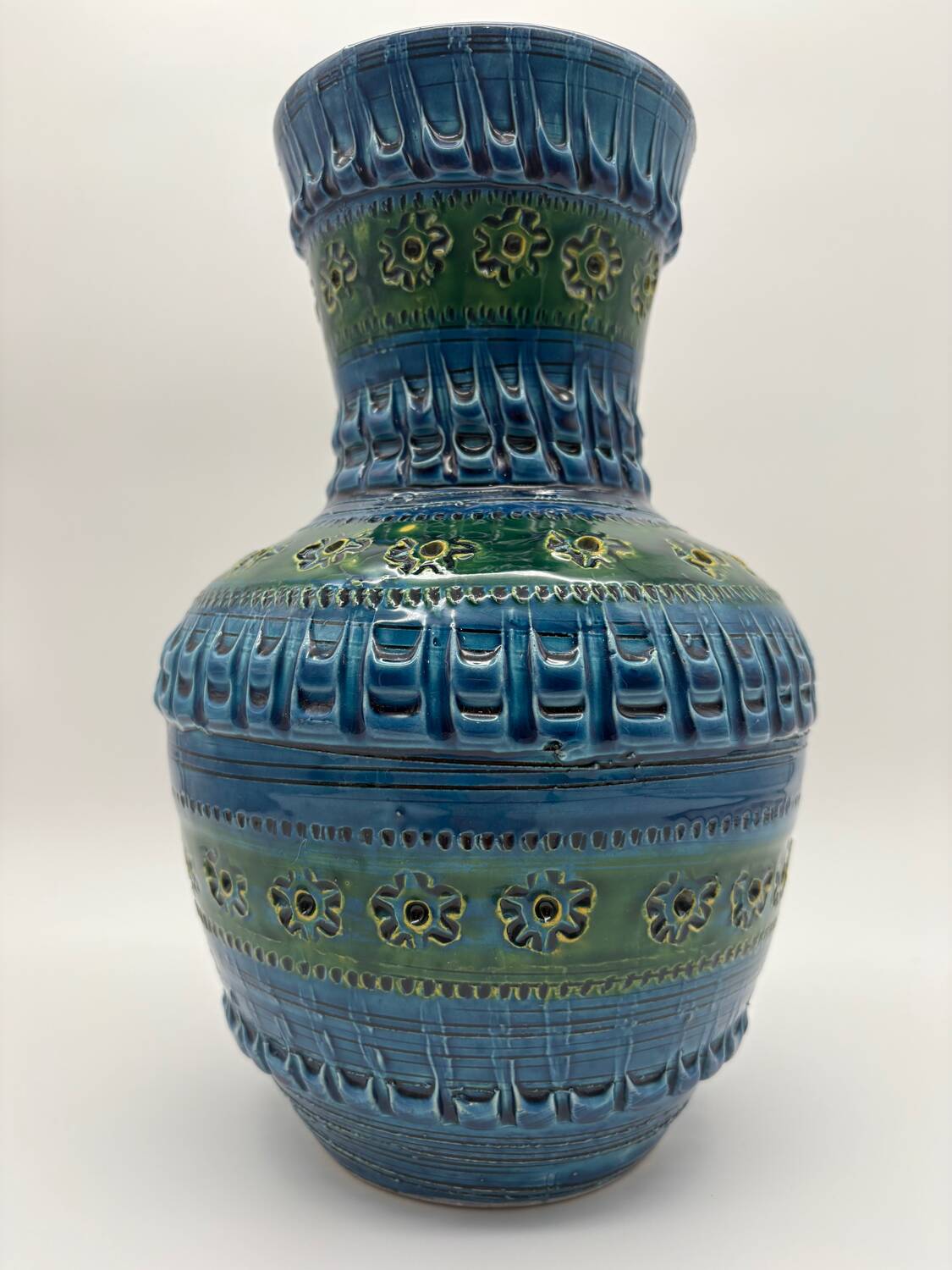 Aldo Londi vase, Rimini Blue, blue-green glazed ceramic, Bitossi, 1960