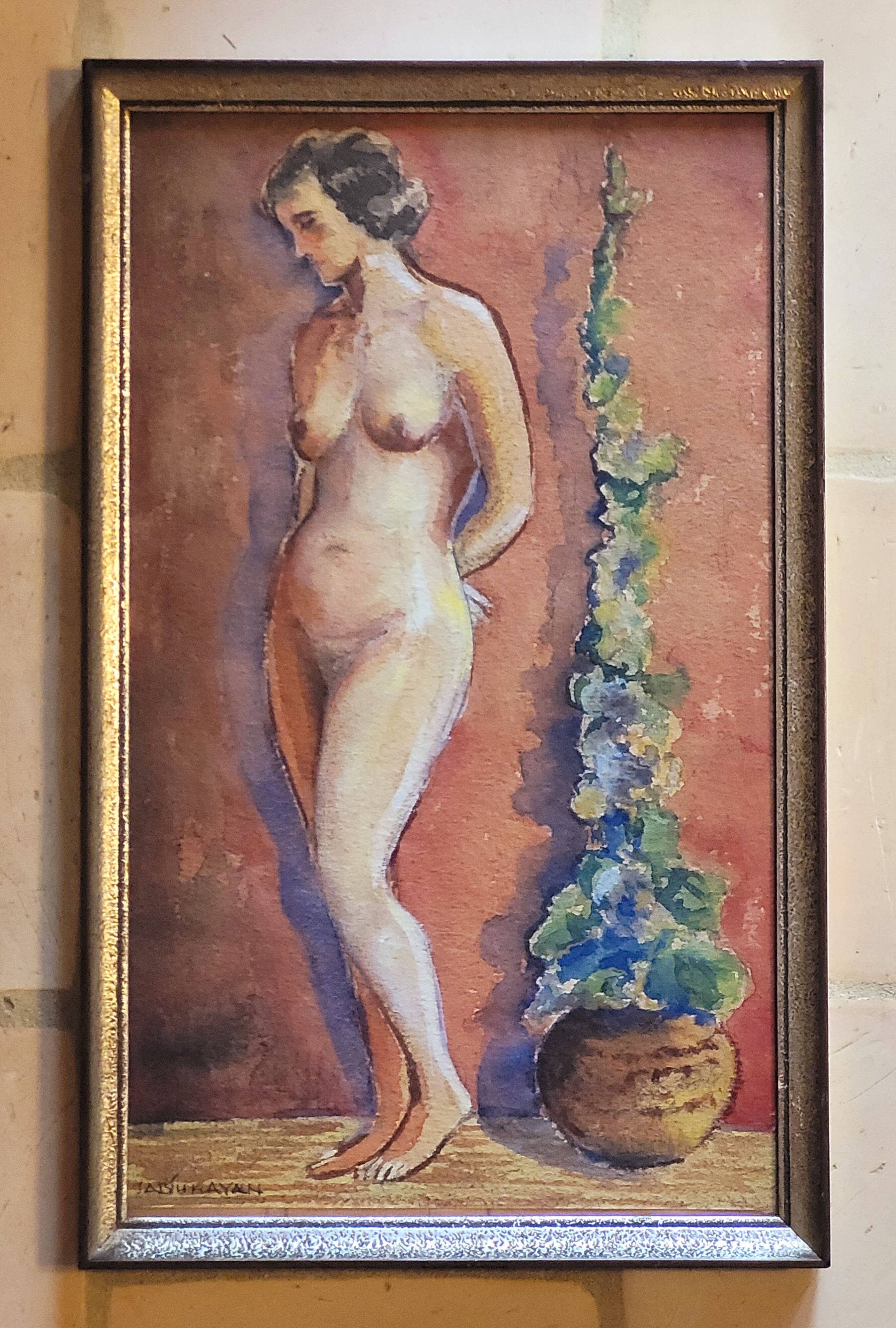 Ancien tableau vintage aquarelle nu féminin années 40 50